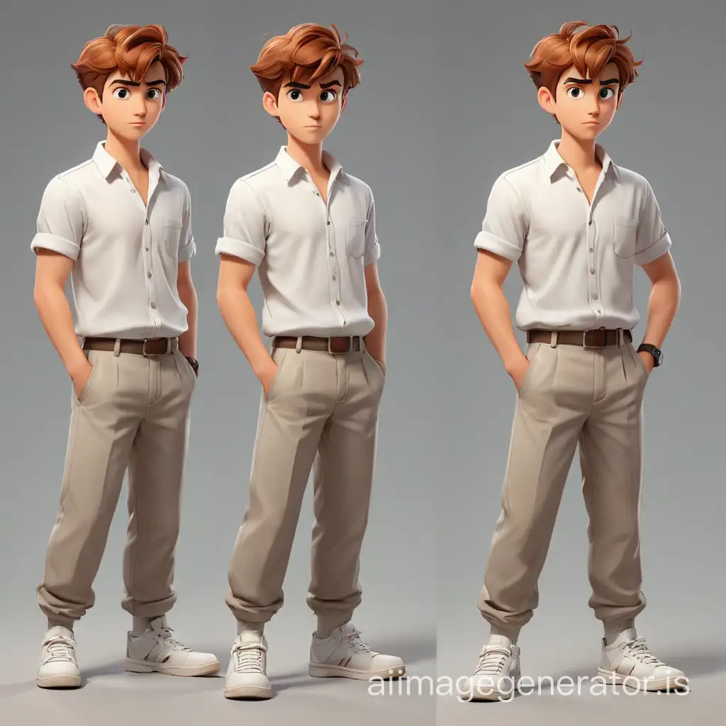 boy in cartoon style, an ironic expression on his face, short beard,  light reddish short hairstyle, Wearing a white shirt with rolled up sleeves, trousers, Hands crossed over his chest, full-body shot, sneakers, two different poses, full body, 2 poses, maximum detail, best quality, HD, gorgeous light and shadow, detailed design, 3D quality