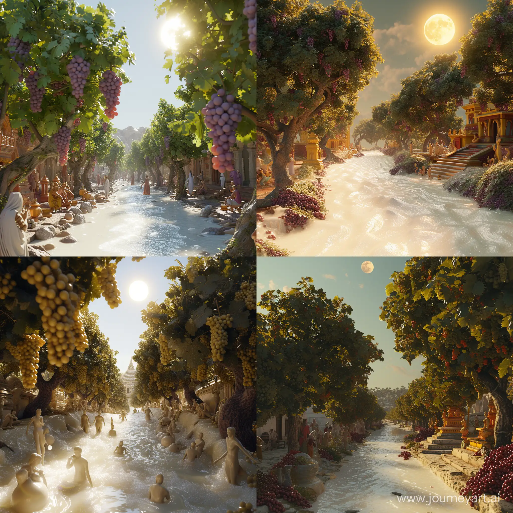 A river of milk, Grape trees, temple , Sun, moon and, People , realistic, 8k ,octane render