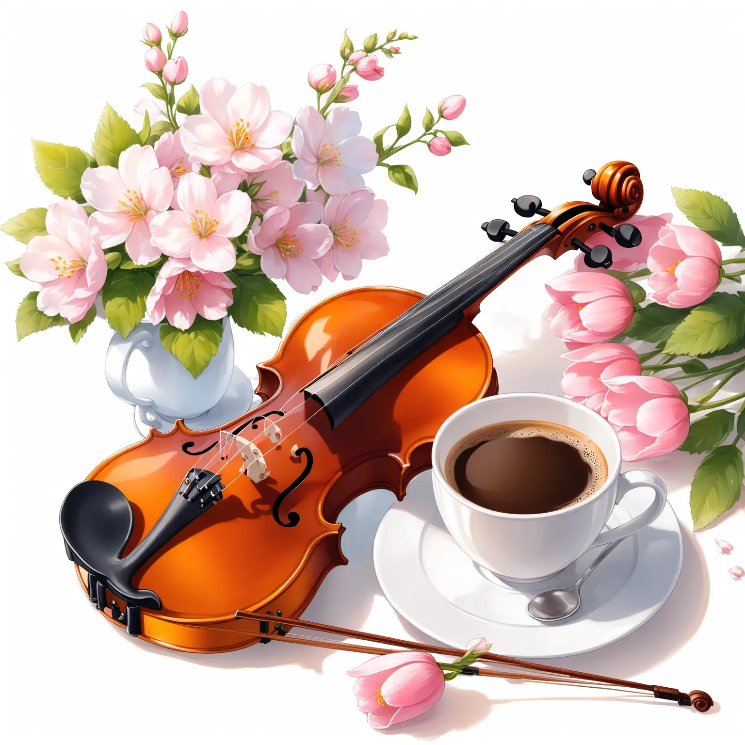 on a white background, there is a beautiful violin on the table, there is an elegant cup of coffee, there are delicate spring flowers
