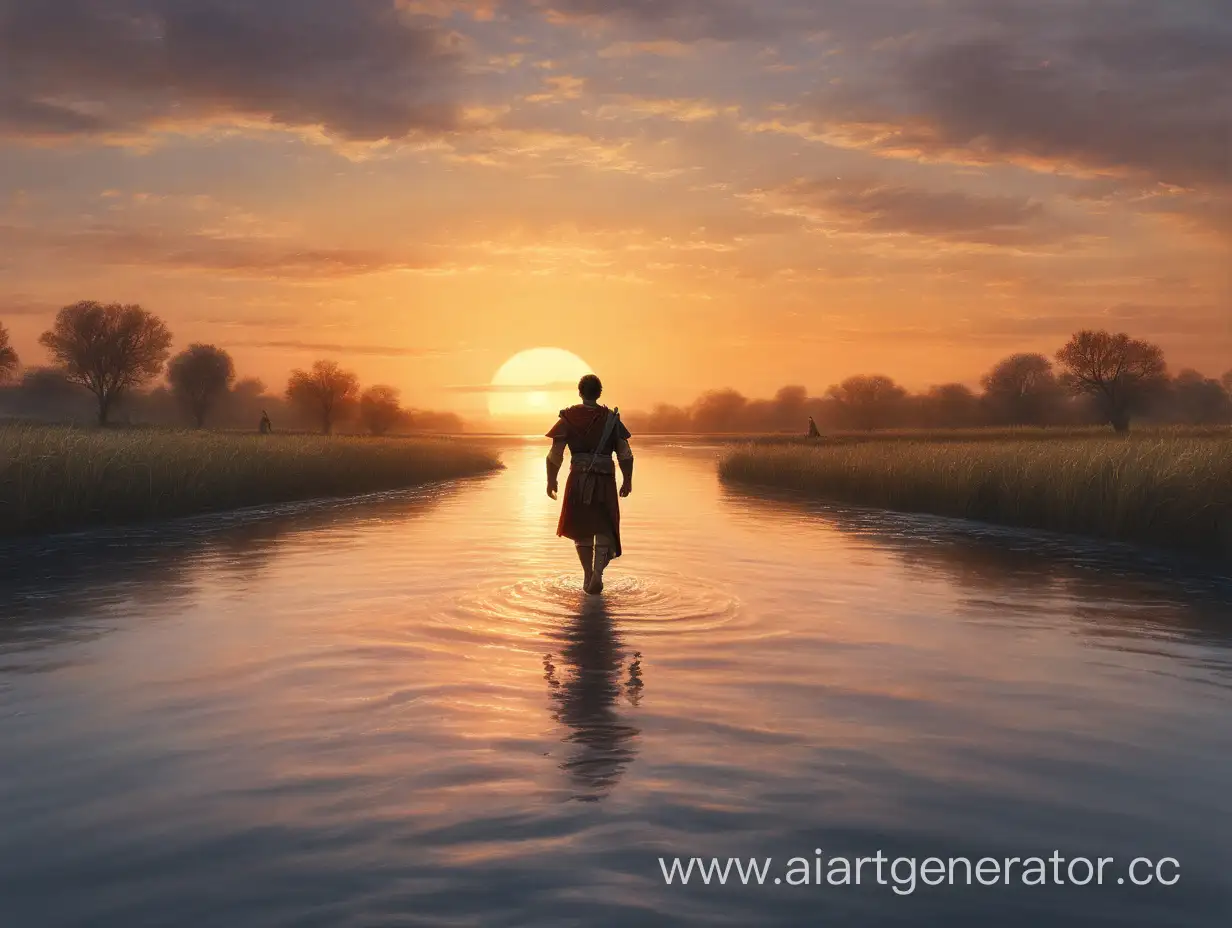 Lone-Hero-Wading-Through-River-at-Sunset