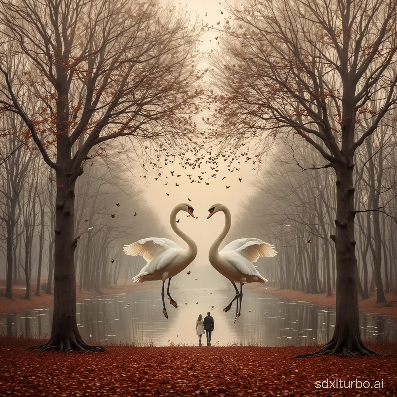 Connected-Hearts-Two-People-Amidst-Flying-Swans-and-Trees