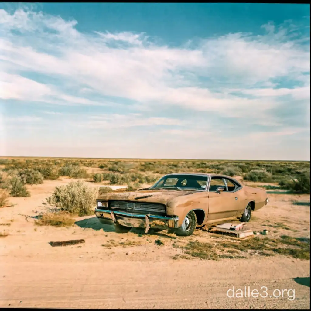 Texas wasteland, 90s, midsummer, sand, sparse bushes and garbage, broken black muscle car behind the road, signs of a struggle, noir, helios 58mm, cinema grain effect