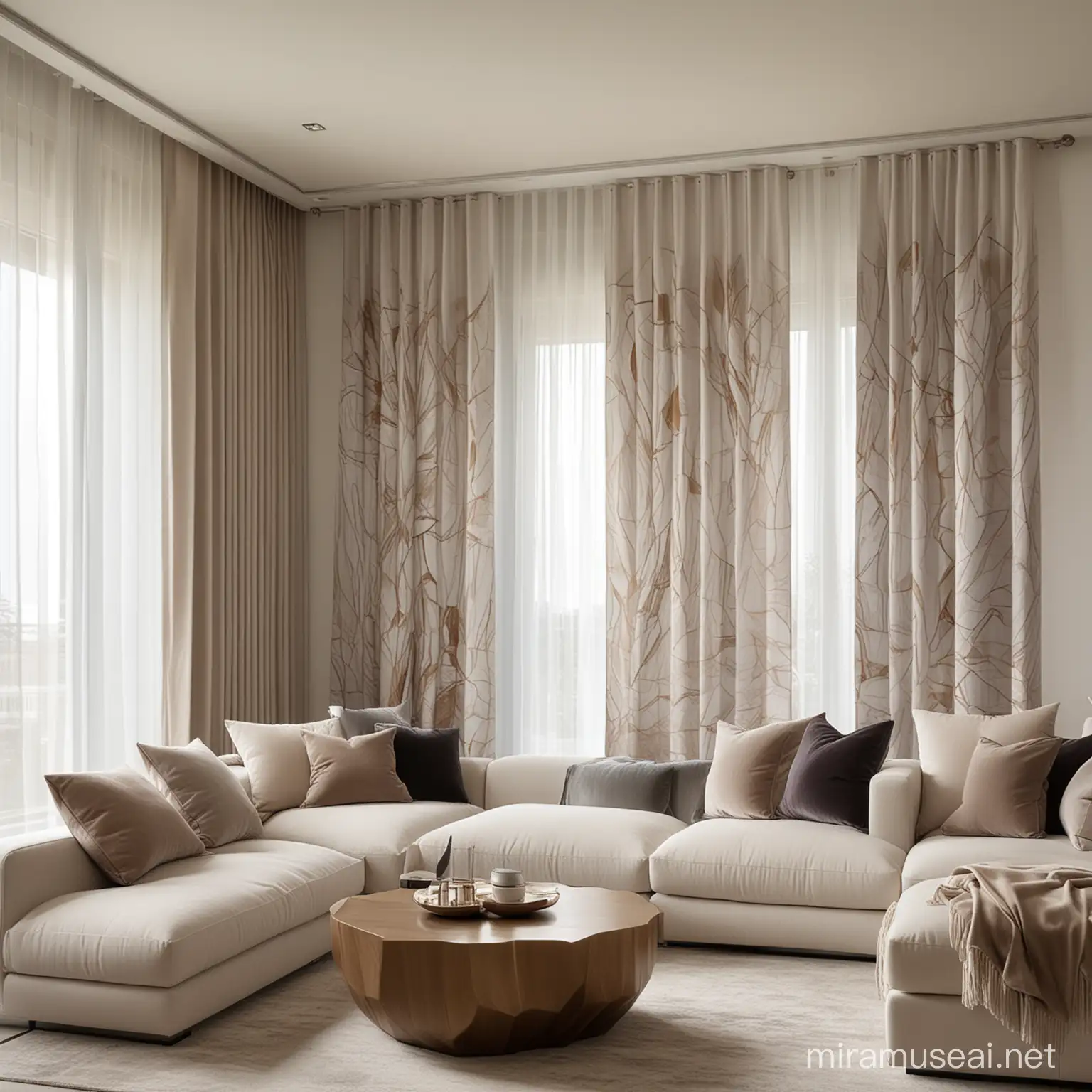 Contemporary Quartz Living Room with Artistic Wall Decor and Elegant Curtains