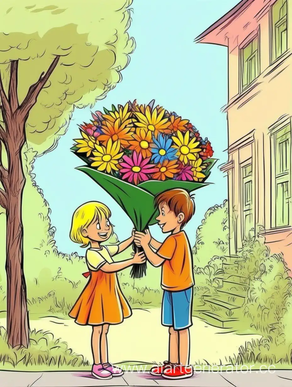 мультяшный цветной рисунок мальчик дарит большой букет цветов девочке