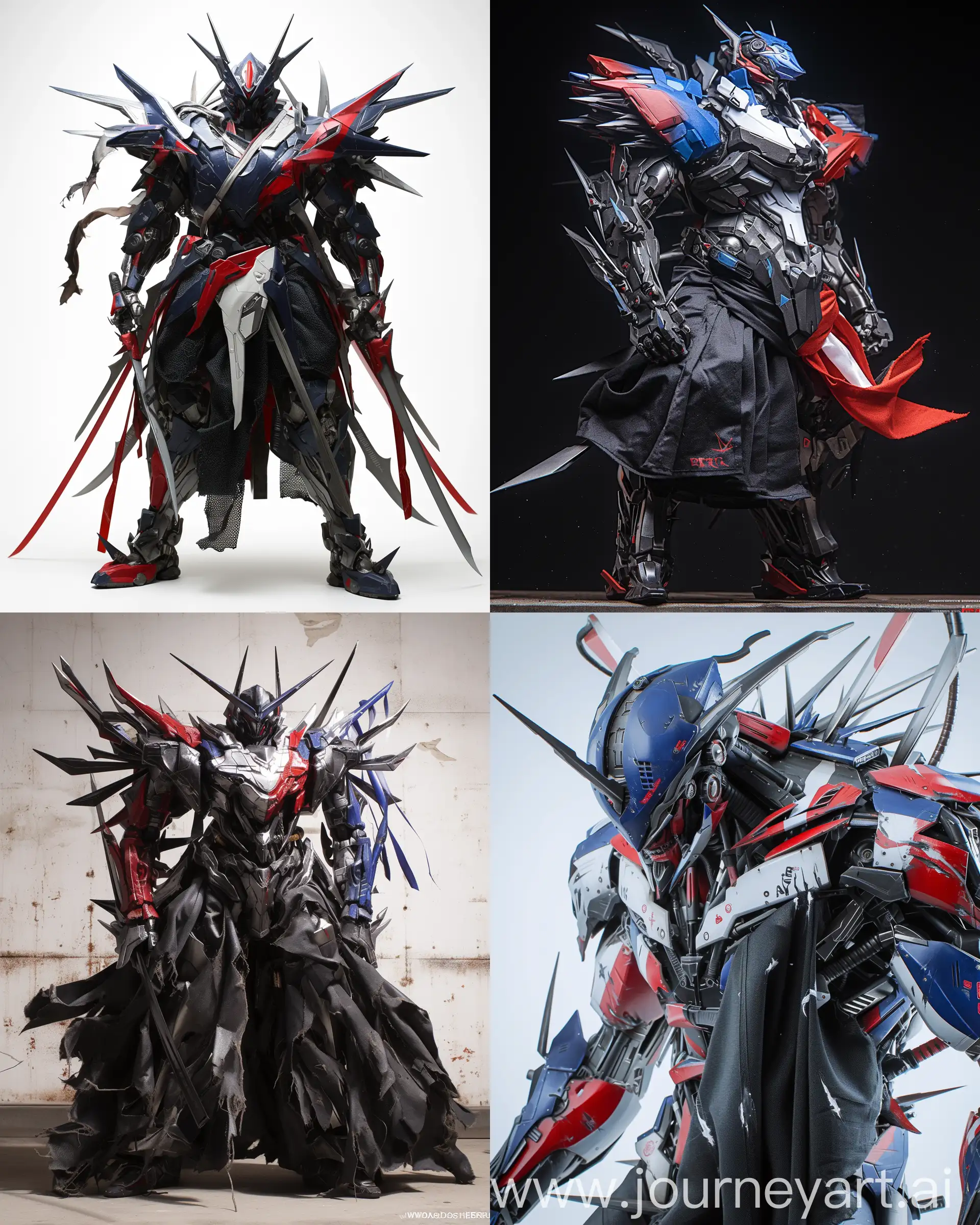 extreme realism, hyper-detailed real photo, full-body image of a futuristic menacing robot, go brrr, elite heistcore, hyper-realistic, red, white and blue color scheme mech suit made of steel blades, 😱 chaos · nightmare resin, black metallic samurai garment, saudi futuristic warrior mecha, full-cosplay, 🕹️ 😎 🔫 🤖 🚬, painted action figure, stealth suit, full costume, shot by Walter Loss Jr’s super-16 —niji 6 —ar 4:5
