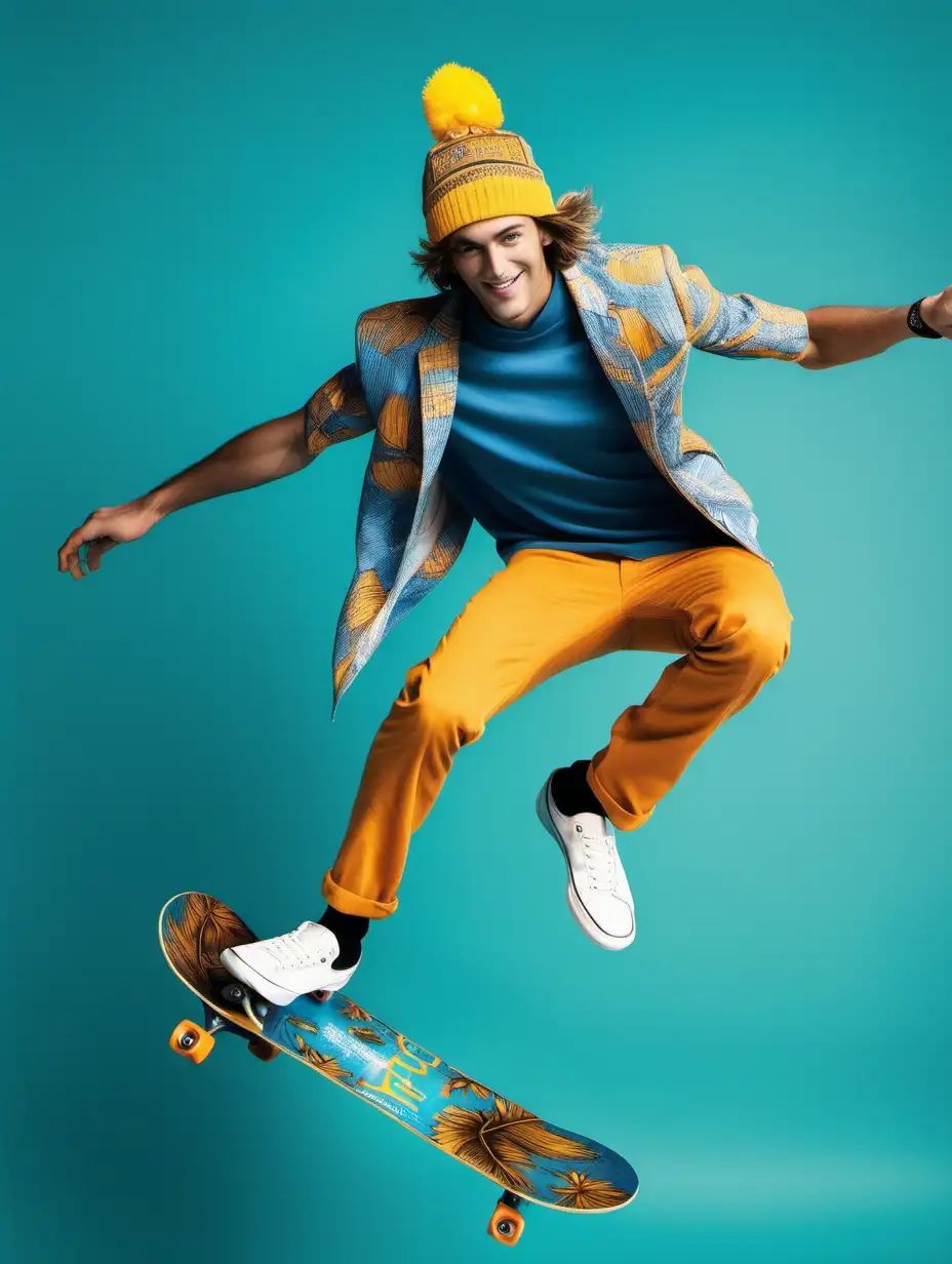 salt burn, male model jumping on a skateboard, bright blue background, hotel marigold theme, feather hats