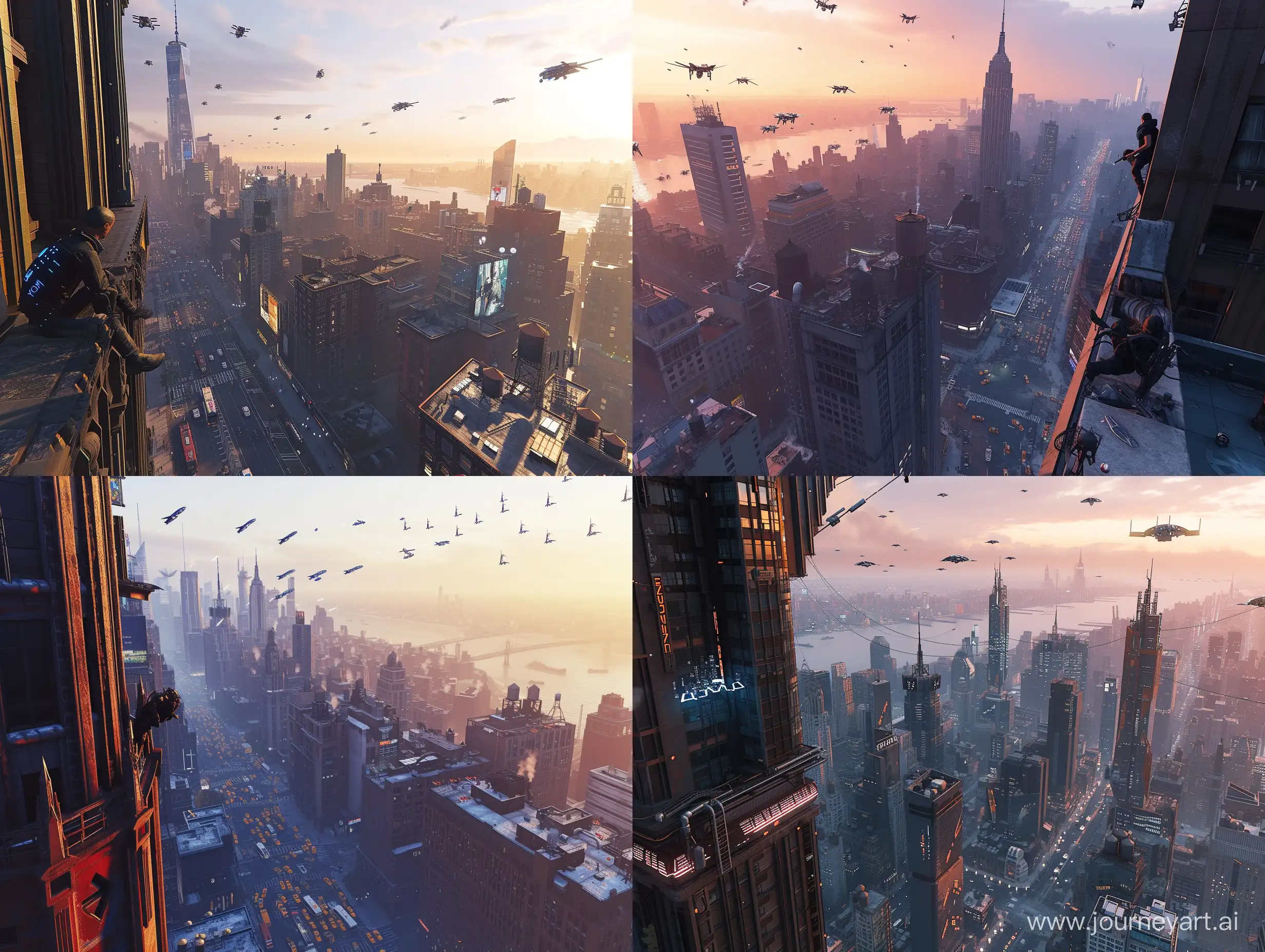 Capture breathtaking images of the open world surroundings in Manhattan, New York. Take the photos from a 3rd-person viewpoint while perched on the edge of a tall rooftop building during the day to capture the cityscape with a science fiction-like quality. You'll be able to capture the full view, transportation, traffic of flying cars, and a dystopian atmosphere. Additionally, you can also capture the unique architecture and landscapes of the city.
