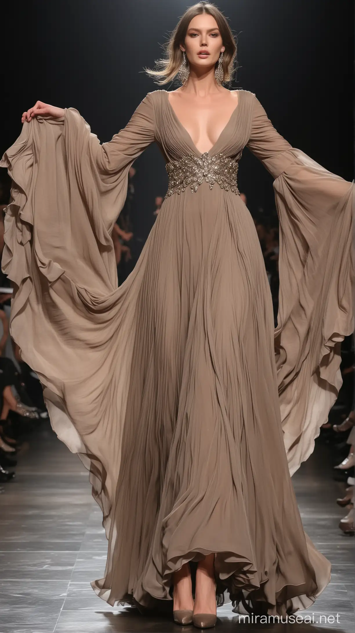Stunning supermodel runway motion, front angle, wearing a long, large dramatic bell sleeves,  foil coated plain taupe chiffon dress with deep neckline and long layered skirt, hands in the pockets, glamorous, hyper-realistic, Alexander McQueen style 