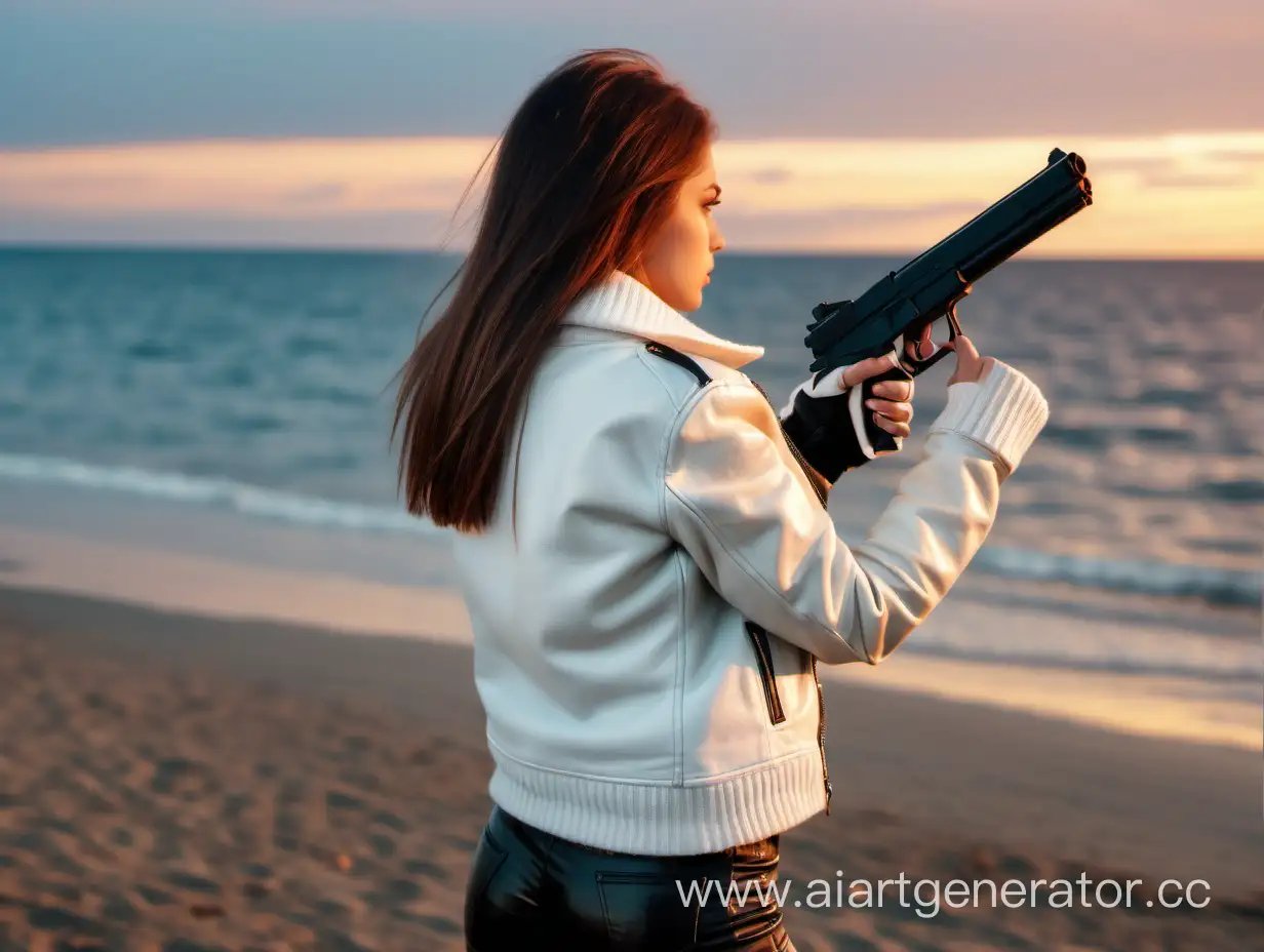 Girl-in-Black-Leather-Jacket-with-Gun-at-Sunset-Beach