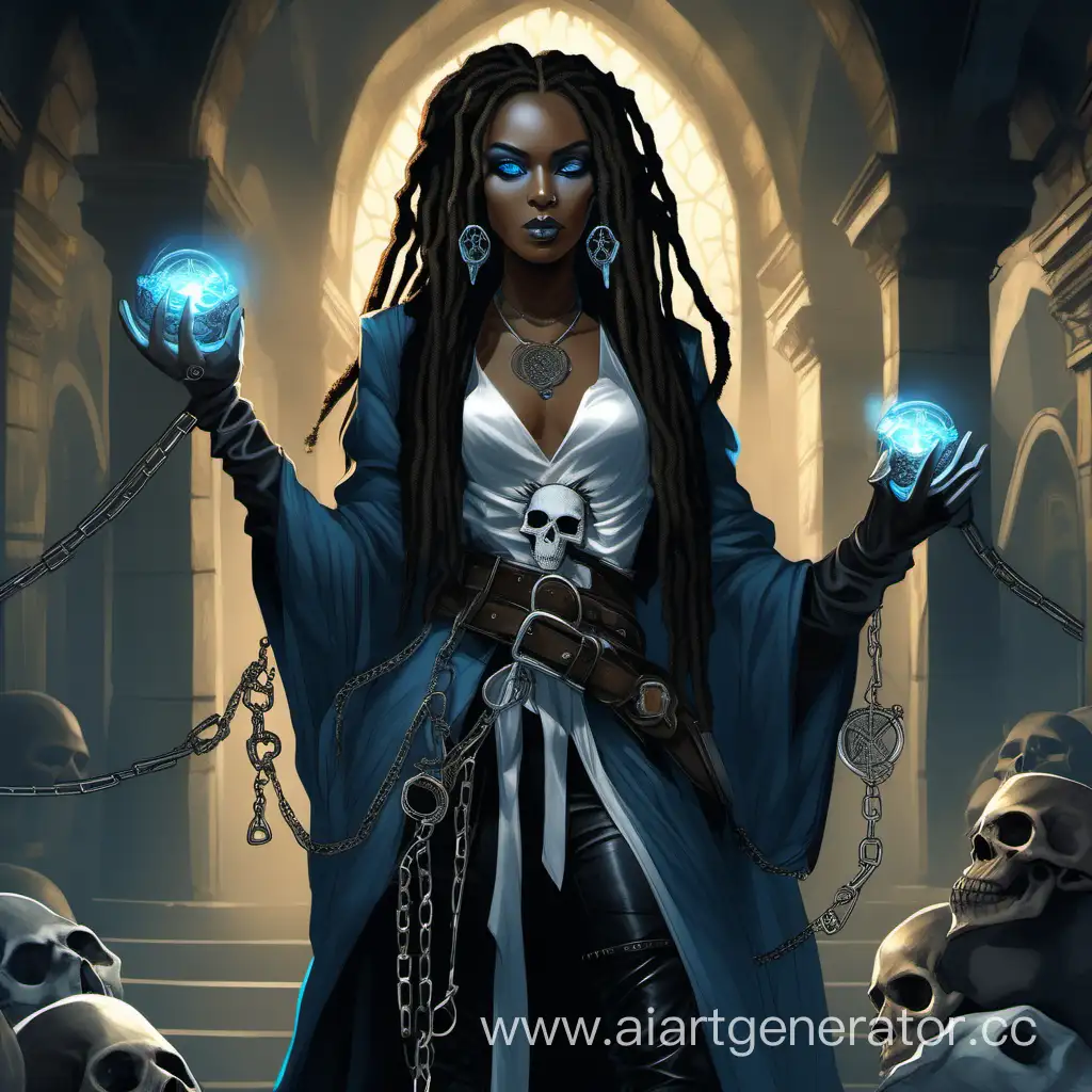Enigmatic-DarkSkinned-Woman-in-Fantasy-Attire-with-Glowing-Blue-Eyes-and-Skull-Trinket