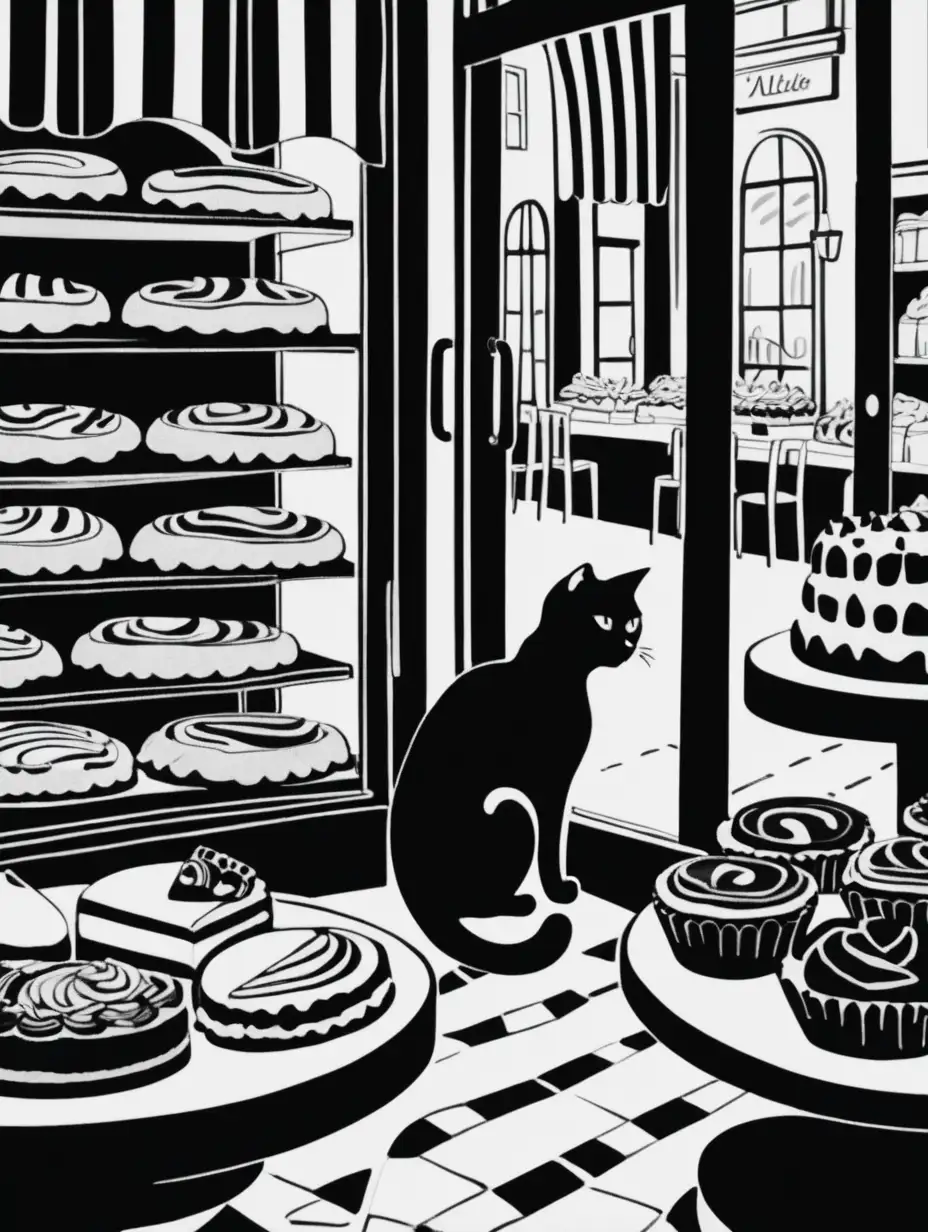 in the style of Matisse, looking from a distance through a pastry shop window at a black and white cat who is lounging among the cakes and pies on display, depth of field to the interior of the shop