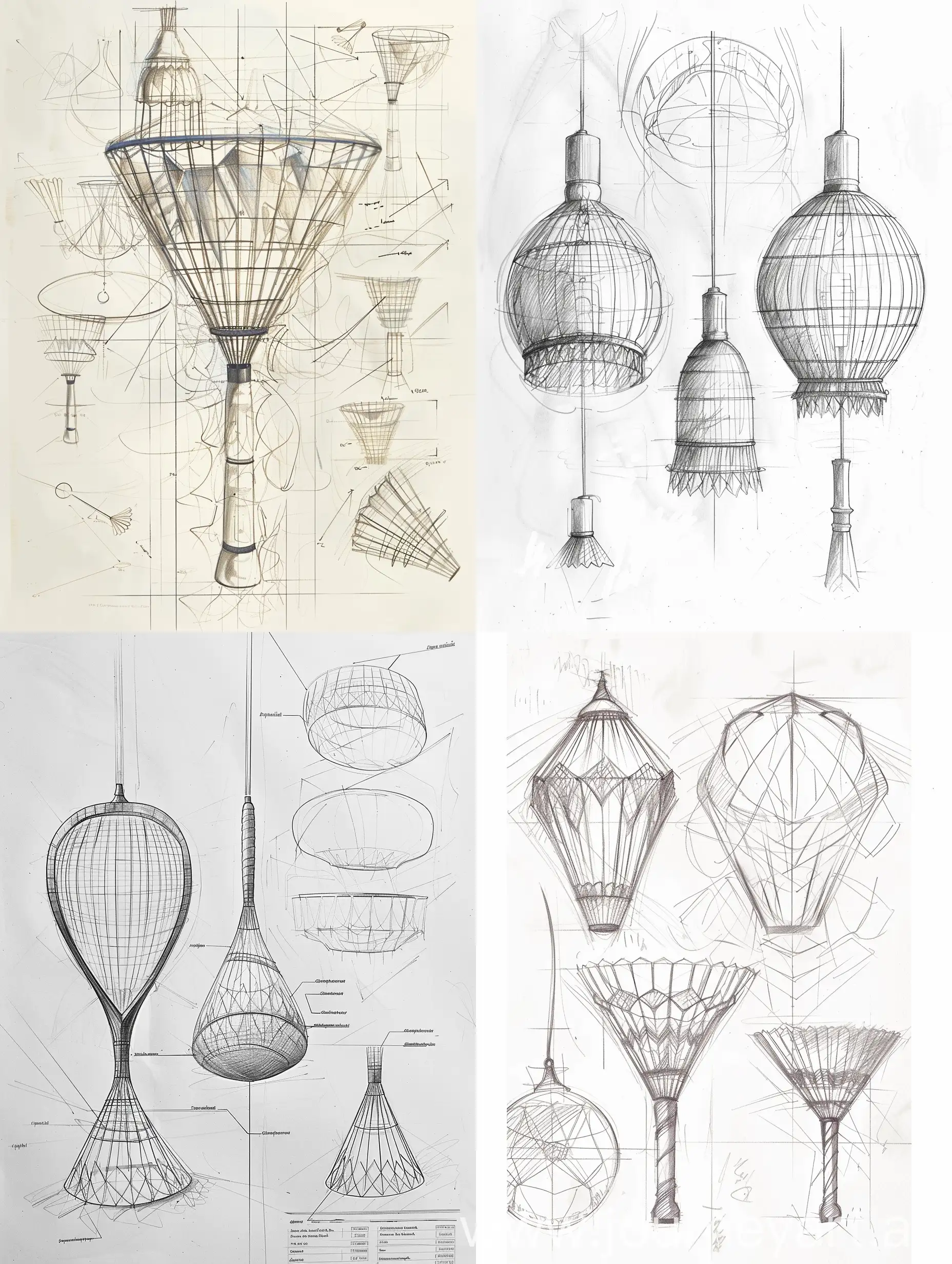 Lighting design, extract the elements of badminton, bionic its texture, bionic form deduction change process, content: form source, form change, elaboration, summary process, how to draw lamps (chandeliers
(wall lamp), drawing reference, product design sketch, white background, front view, side view, back view, wire frame, do not need text, different angles of the sketch, do not use any color, pencil line manuscript, each scheme needs to present the form source and intention, shape change deliberation process; And the means to reconstruct and evolve the initial body form. The content includes the source of form, the change of form, the elaboration and the generalization process