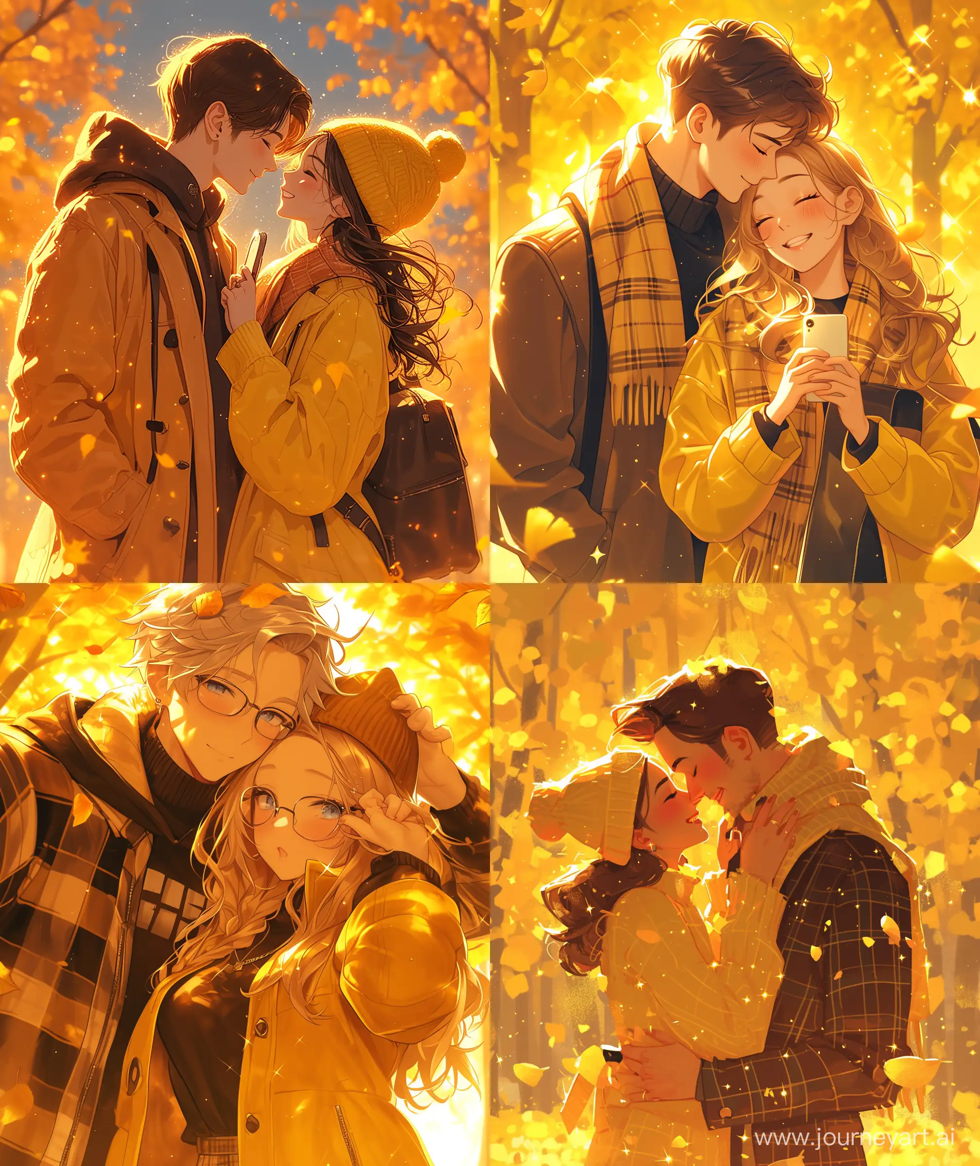 Beautiful couple, wearing autumn cozy outfit, orange autumn view, yellow color cozy outfit, cute and romantic, taking with each other, cute, romantic, glistening atmosphere, sparkle ambient, ultra HD, high quality, sharp details --ar 27:32 --niji 6  --niji 4 --ar 1:1 --no 32225