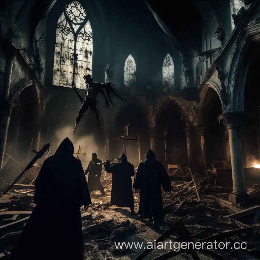 dark dilapidated church,  armed men break into the church and attack the terrible priest,  dark fantasy style, 16:9