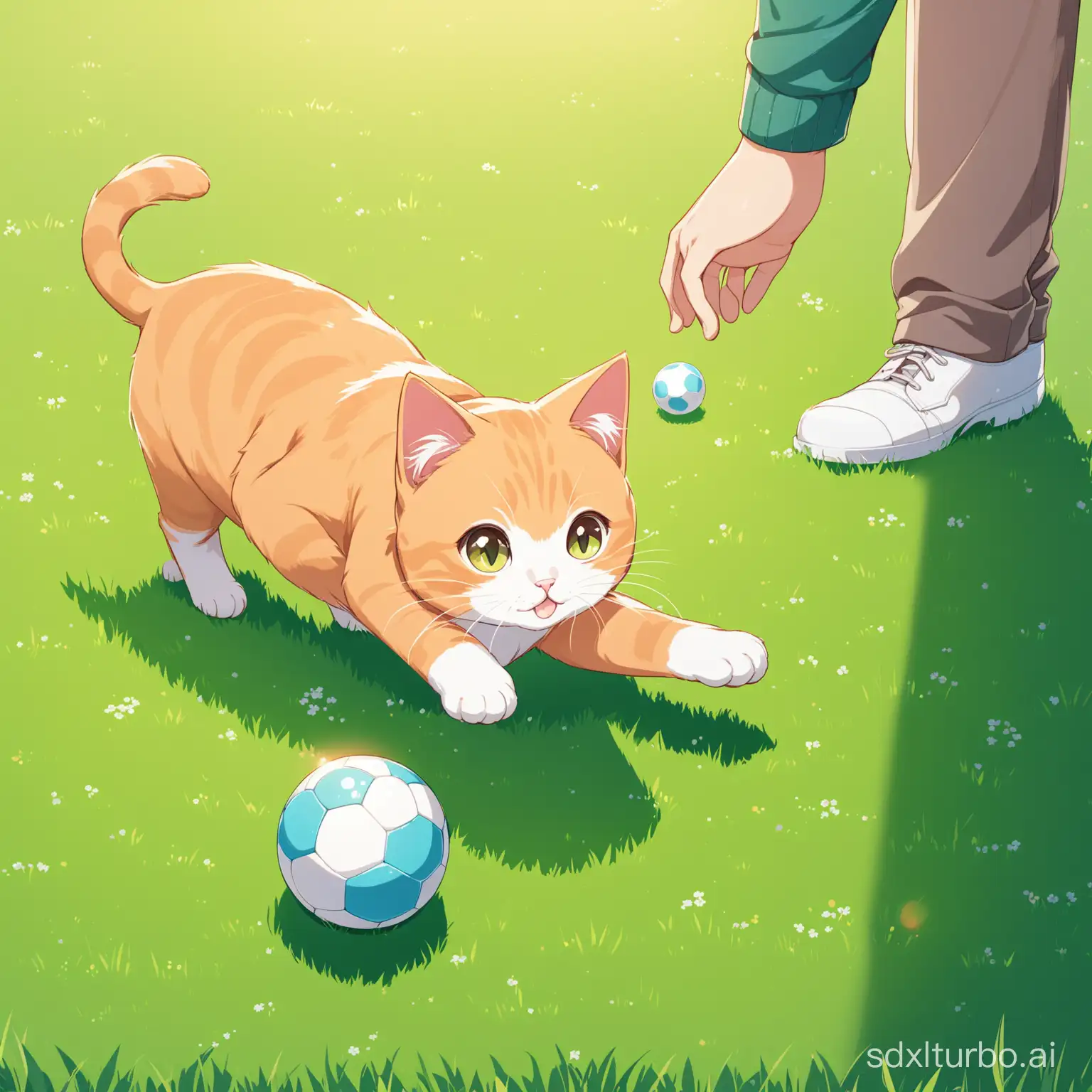 The cat is playing with a ball on the grass, while the owner watches nearby