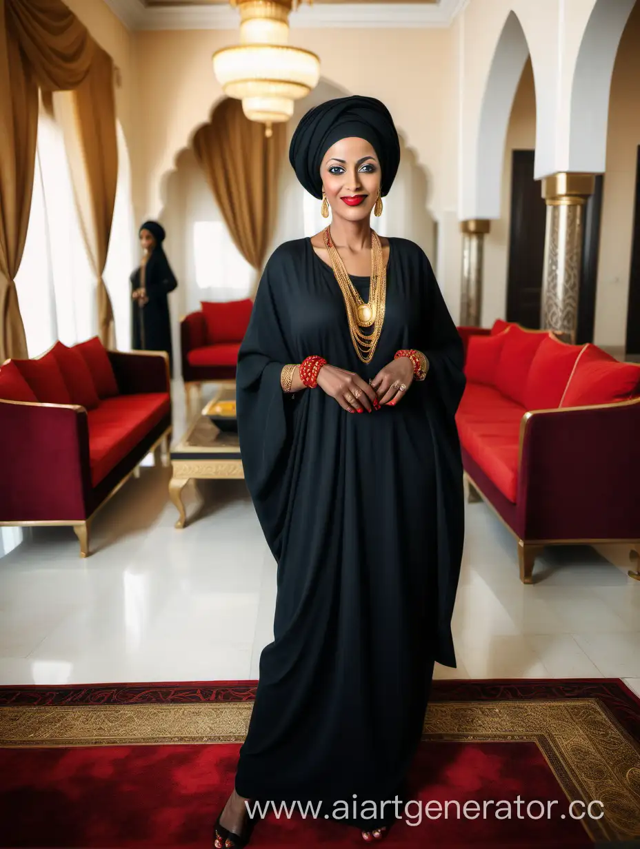 Elegant-Ethiopian-Woman-in-Arabian-Palace-Alluring-Beauty-in-Black-Turban-and-Abaya