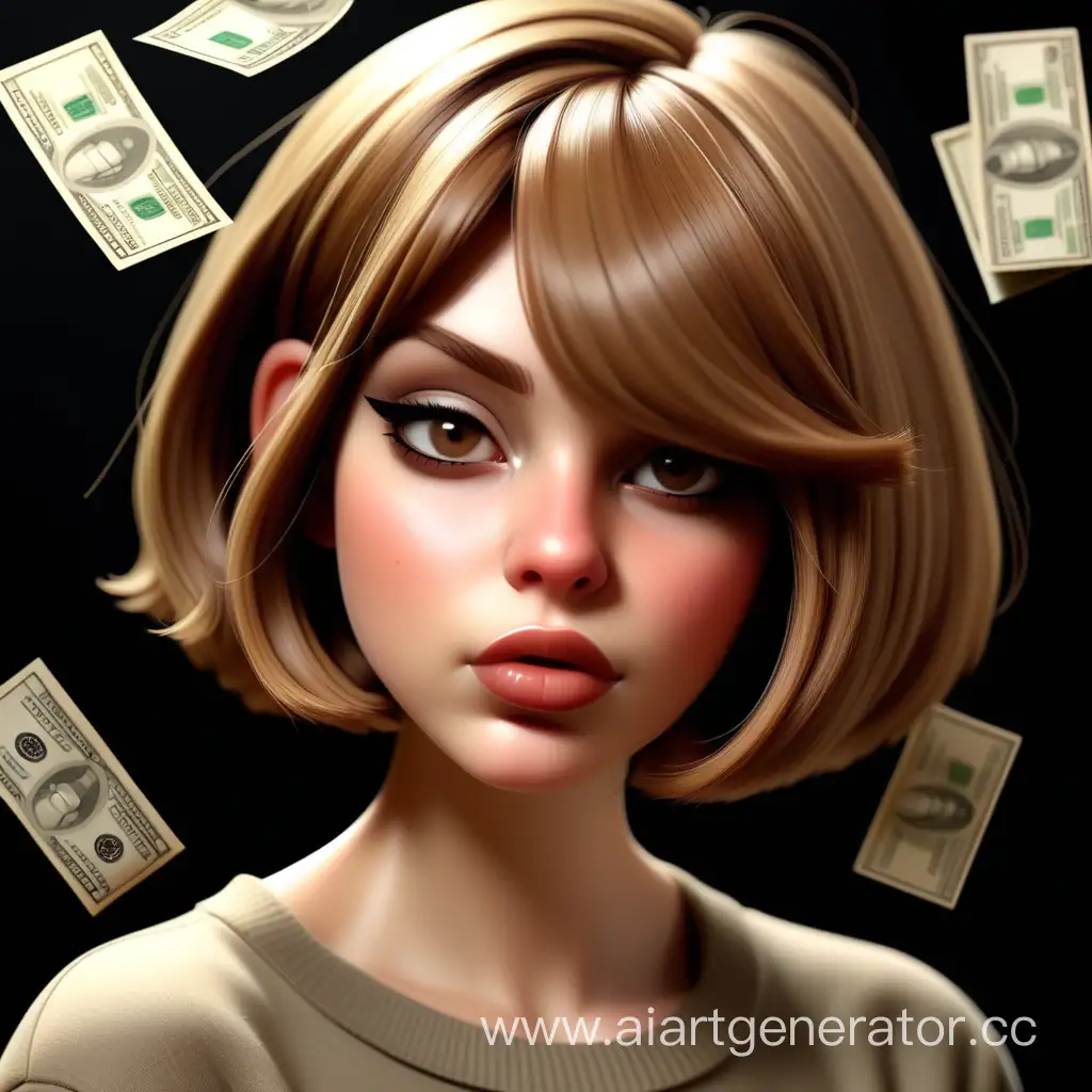 A girl with light brown hair, bob haircut, plump lips, without fringe, dark eyes, hooked nose, with a lot of money