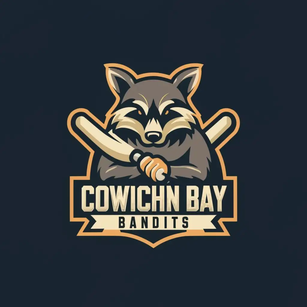 logo, A raccoon with a cricket bat, with the text "Cowichan Bay Bandits", typography, be used in Sports Fitness industry