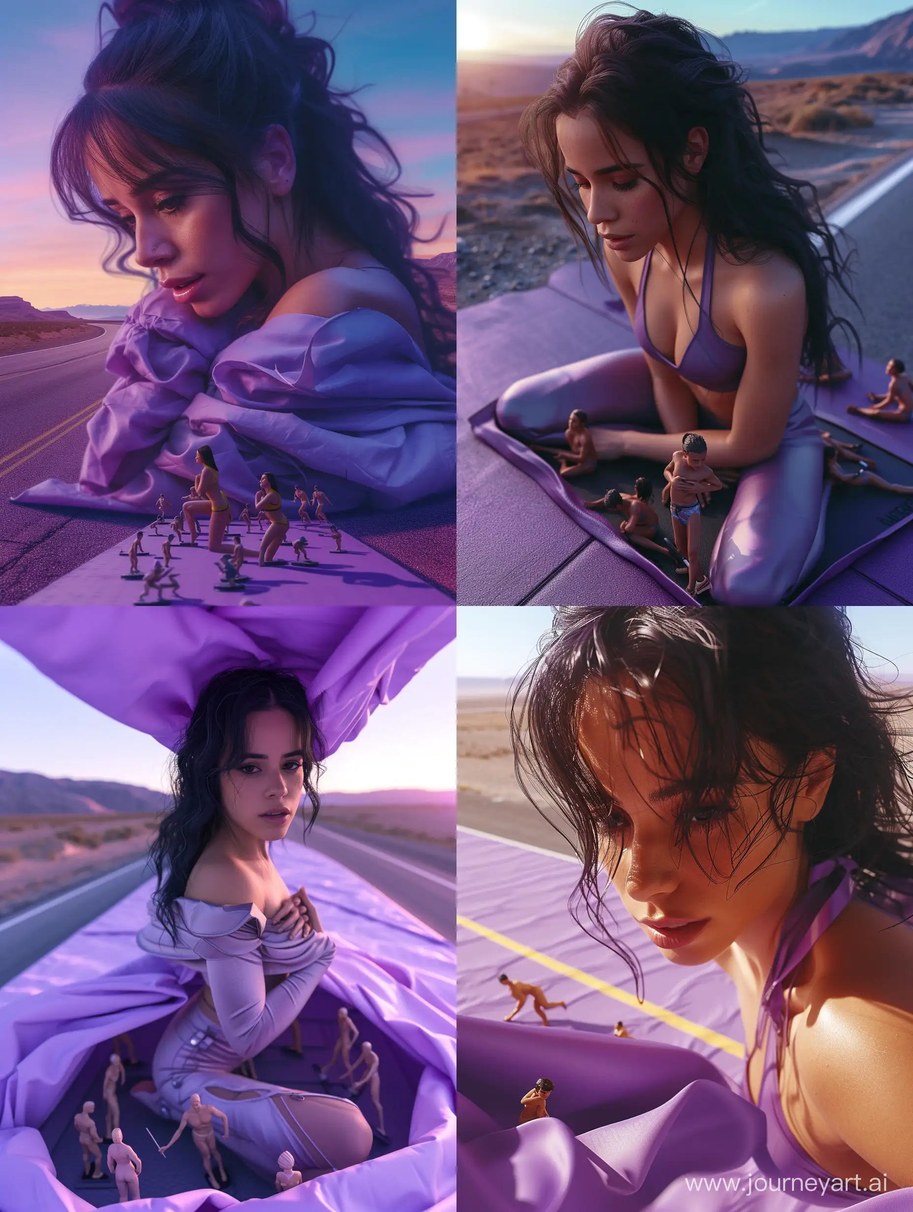 purple sunrise, open road, realistic gian t Camila 'dark-hair' Cabello, wrapping sleek outfit, she is on a fitness mat, looking at herself, close-up view, a group of miniature men below, a miniature man is trapped within Camila