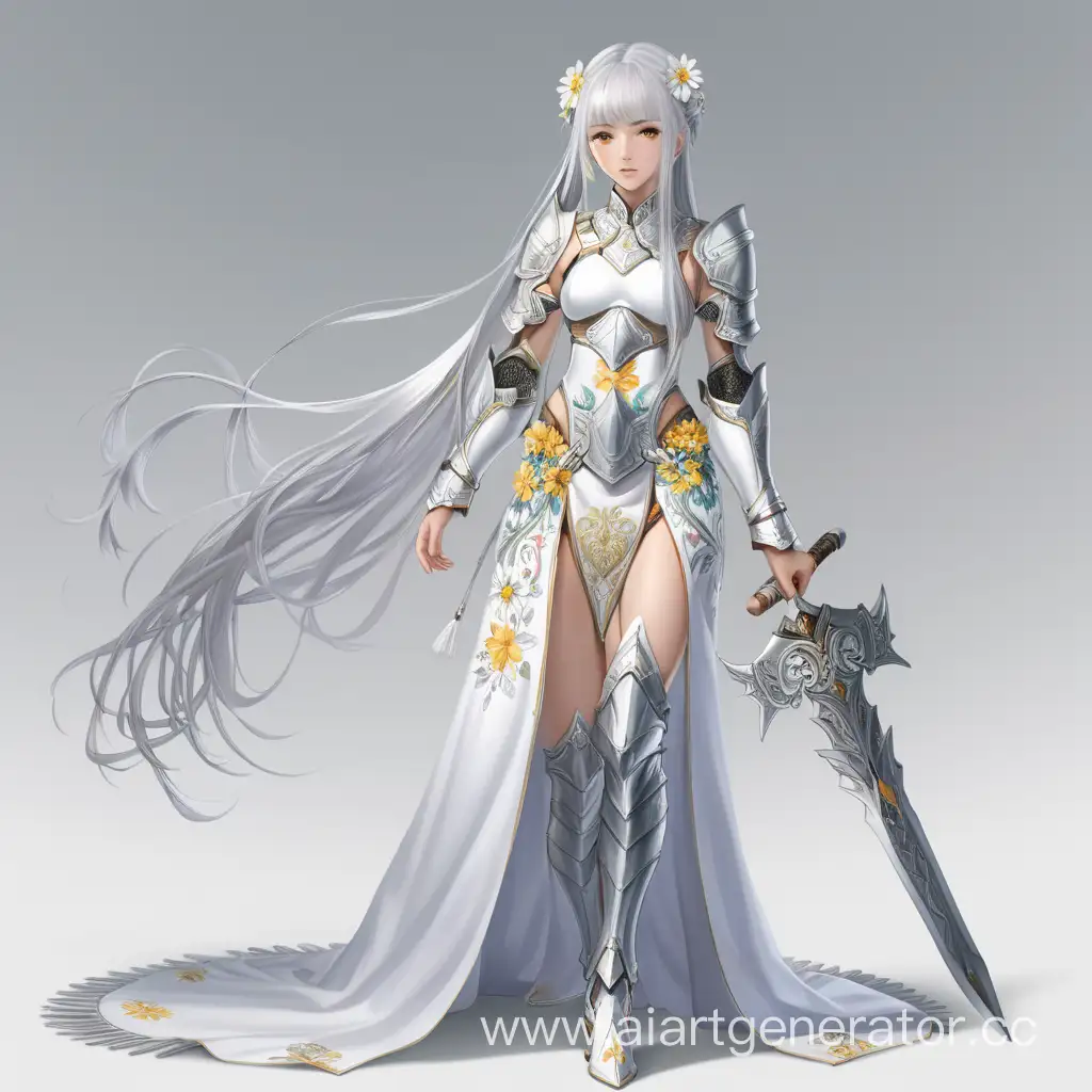 1woman, adult woman, bangs, braid, breasts, dress, full body, hair between eyes, high heels, long hair, long sleeves, looking at viewer, single braid, solo, standing, white background, white dress, white footwear, white hair, yellow eyes, oriental dress, silver armor on the dress, silver armor, open shoulders, (long braid), flowers in her hair, armor on her legs and waist, armor on her neck, without weapon, healer
