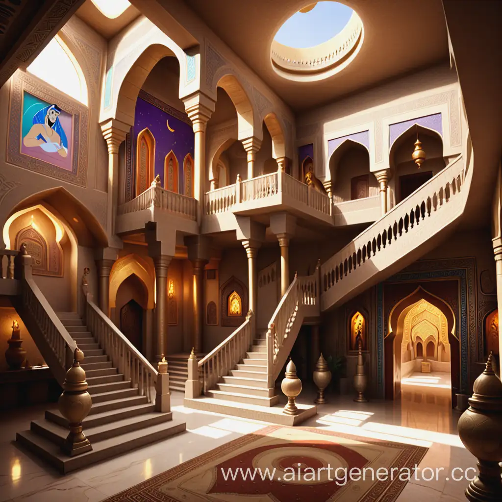арабский храм внутри с двумя боковыми лестницами и полуэтажом, посередине находится картина алладина
