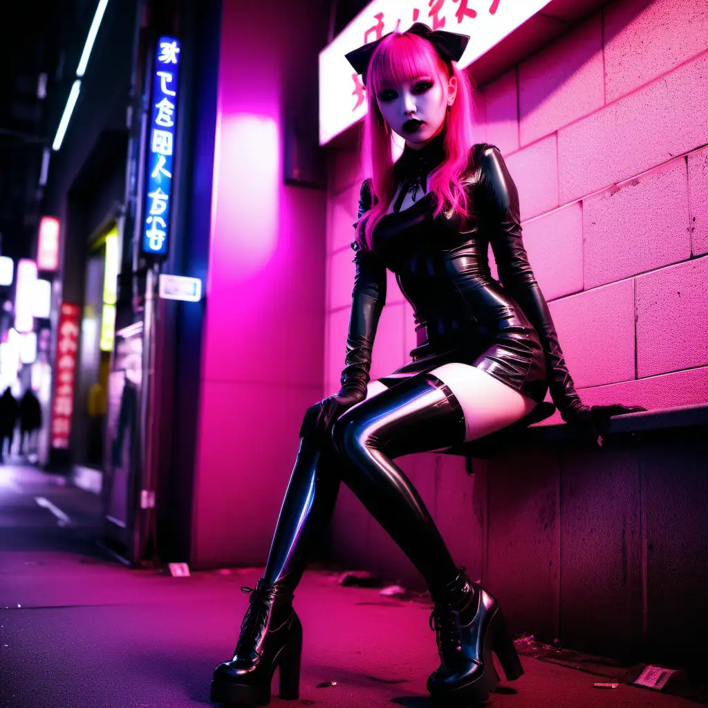 Goth Girl in Tokyo Streets with Neon Pink Aesthetic and Latex Stockings