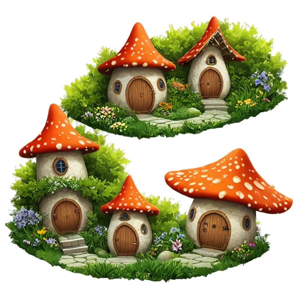 Magical-PNG-Illustration-of-FairyTale-Dwarf-Houses-Under-Big-Leaves-Flowers-and-Mushrooms