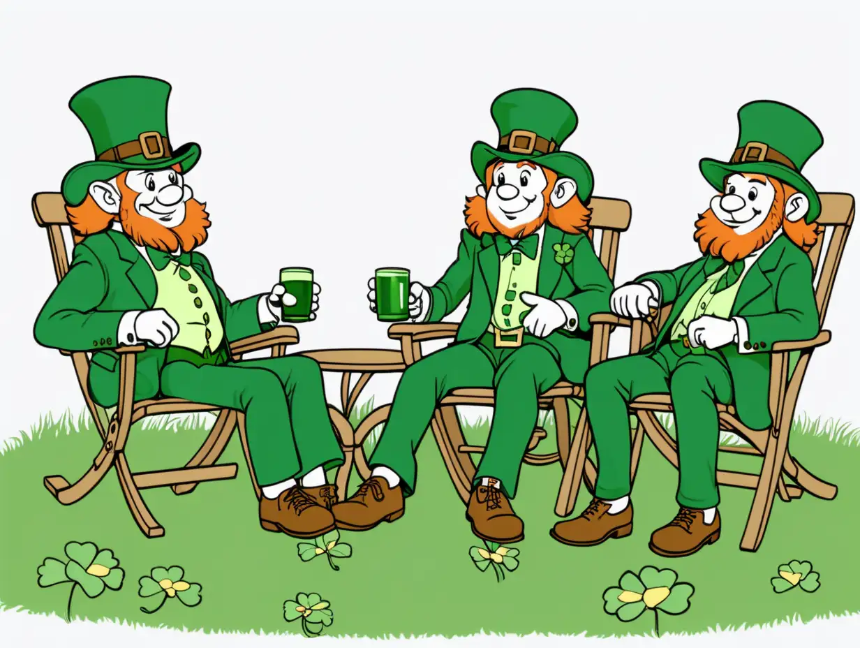 simple graphic style 2 leprechauns sitting on patio furniture on a lawn of clover, no background, basic coloring,8k, ar--8.5:11