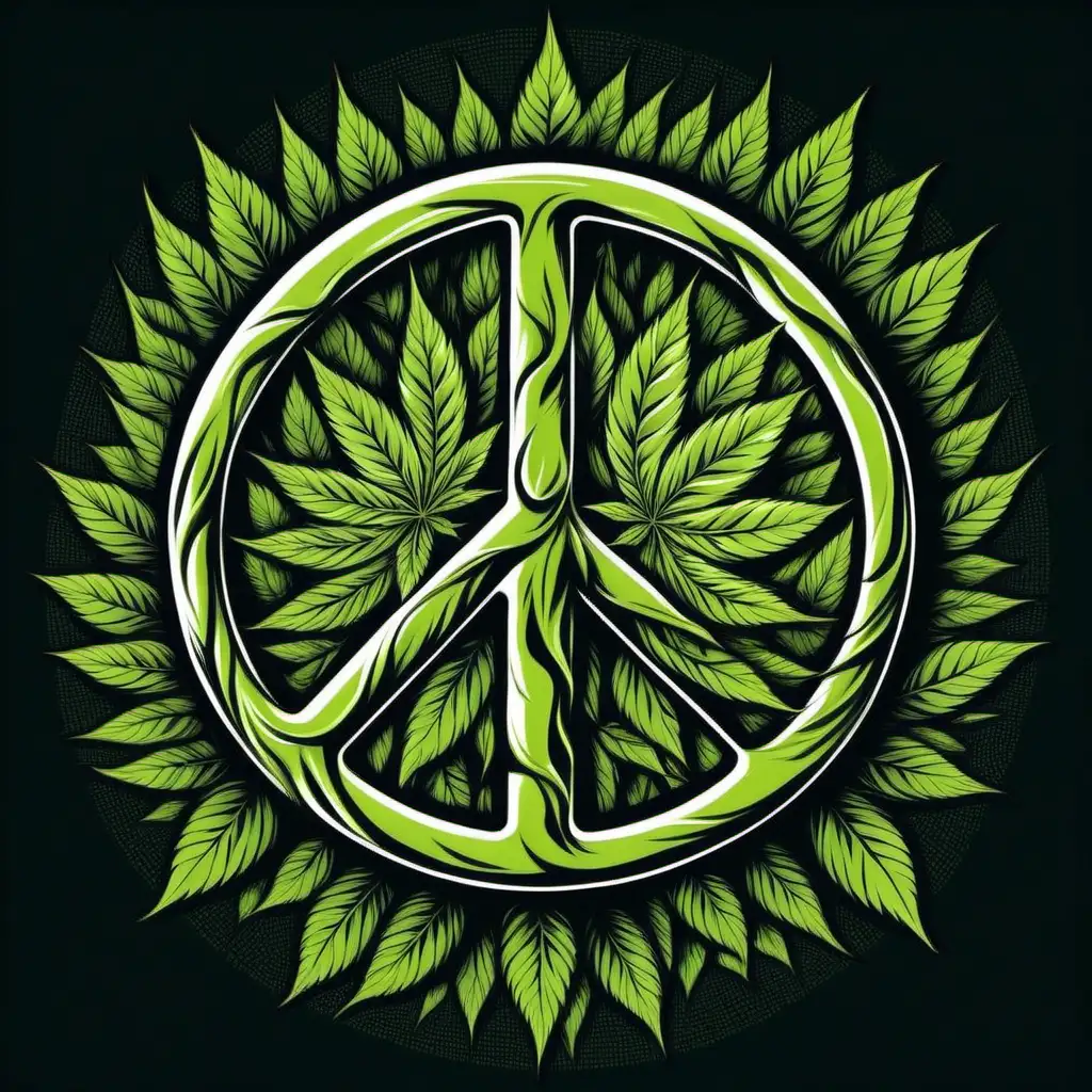 Design peace sign ,tshirt vector with bold, contrasting colors and unique textures,white background, can you incorporate a weed leaf 