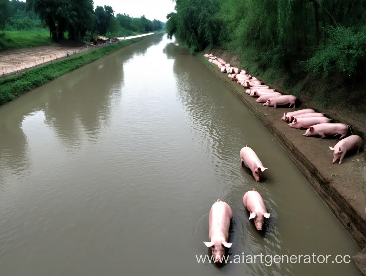 Eerie-River-Scene-with-Floating-Coffins-and-Pig-Bodies