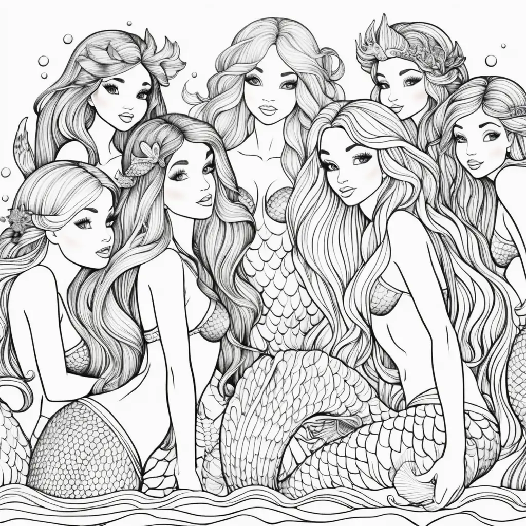 Group of Mermaids Adult Coloring Page on White Background