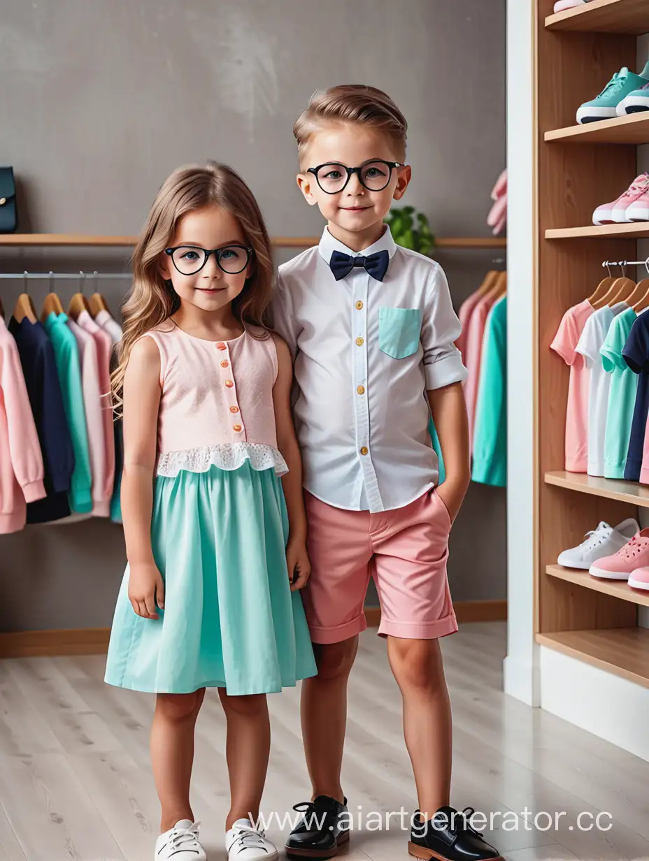 Fashionable-Boy-and-Girl-Models-in-Glasses-for-Childrens-Clothing-Store-Poster