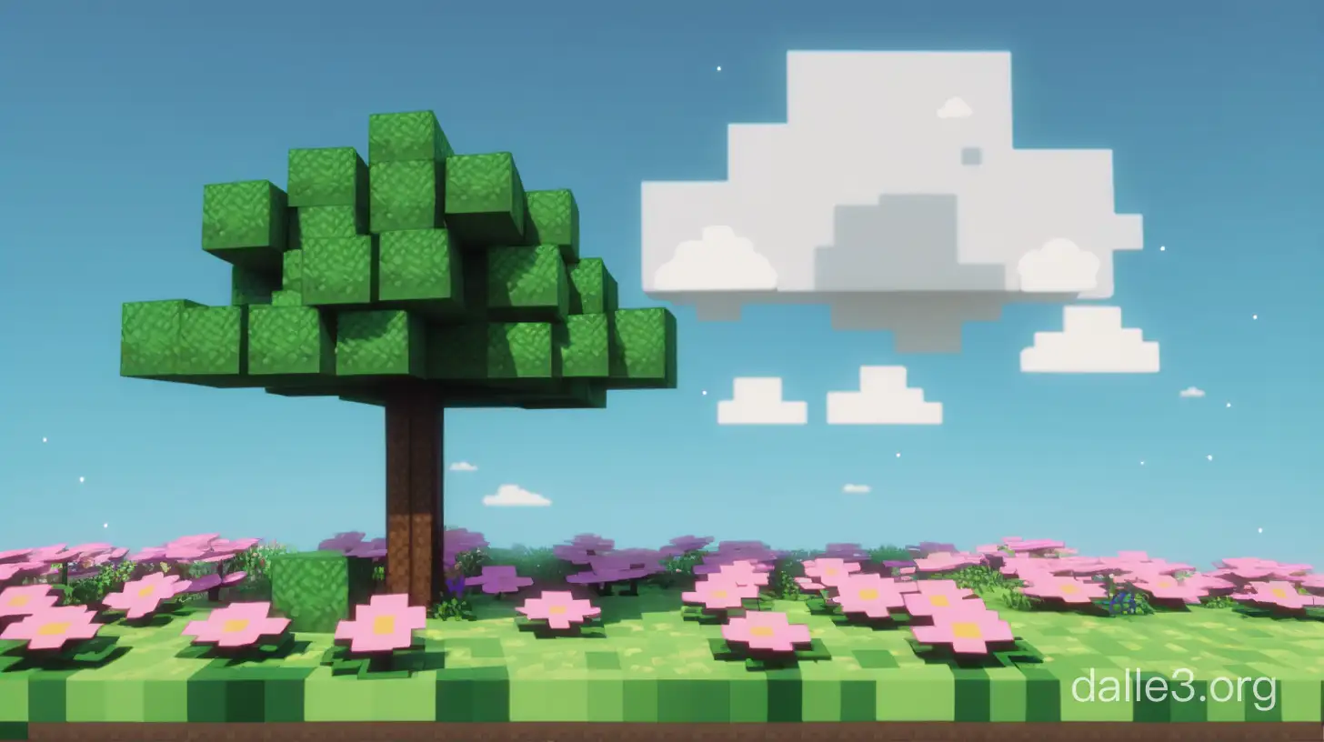 плоская поверхность из майнкрафта с деревом и парой цветов с облаком сверху 2д