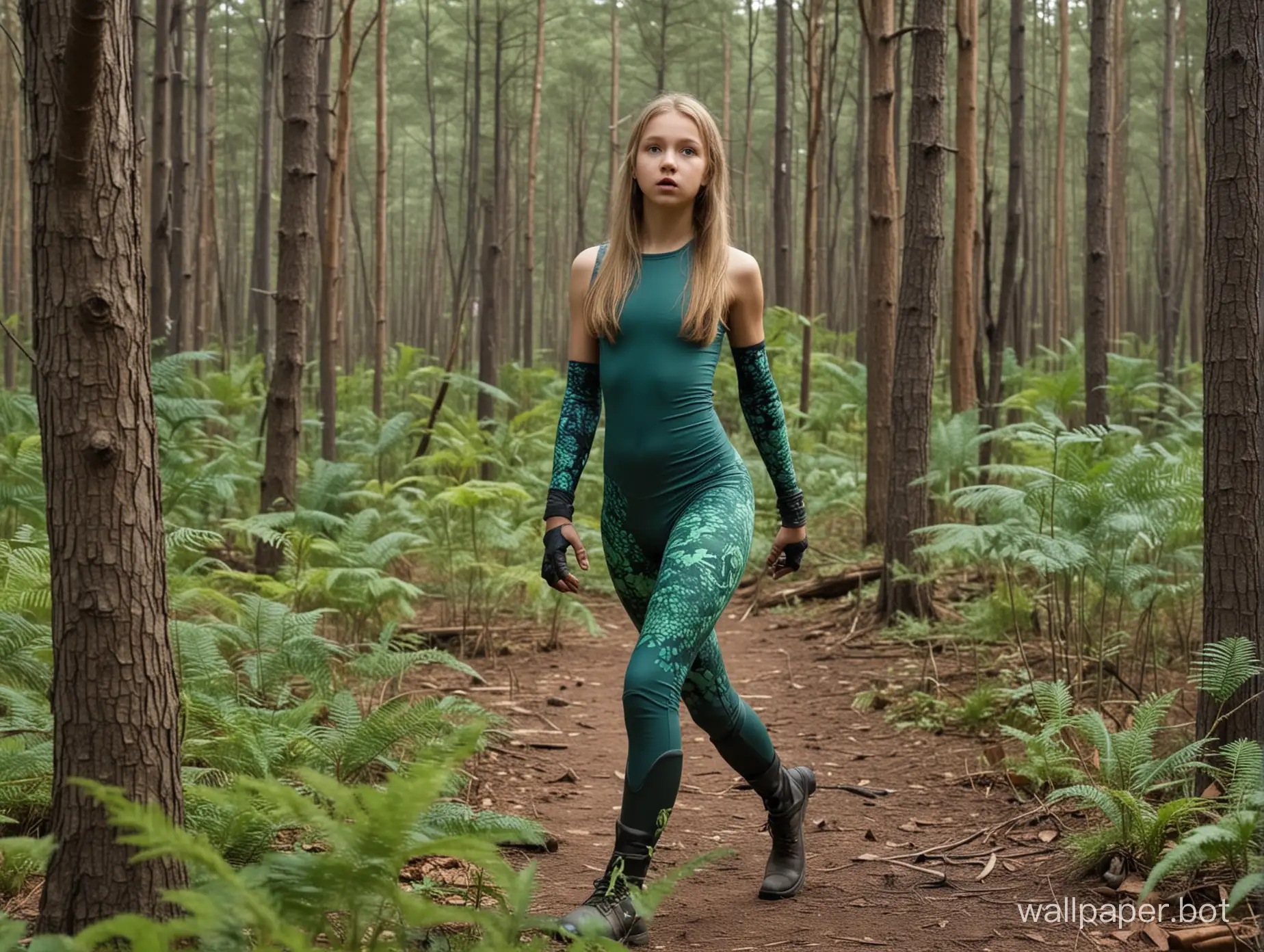 лес динозавров девочка 13 лет в спандексе охотится