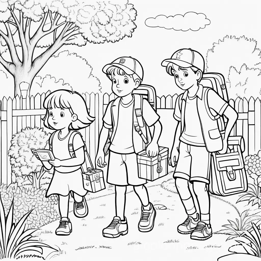 two boys and a girl Going on a treasure hunt in the backyard.

, Coloring Page, black and white, line art, white background, Simplicity, Ample White Space. The background of the coloring page is plain white to make it easy for young children to color within the lines. The outlines of all the subjects are easy to distinguish, making it simple for kids to color without too much difficulty
