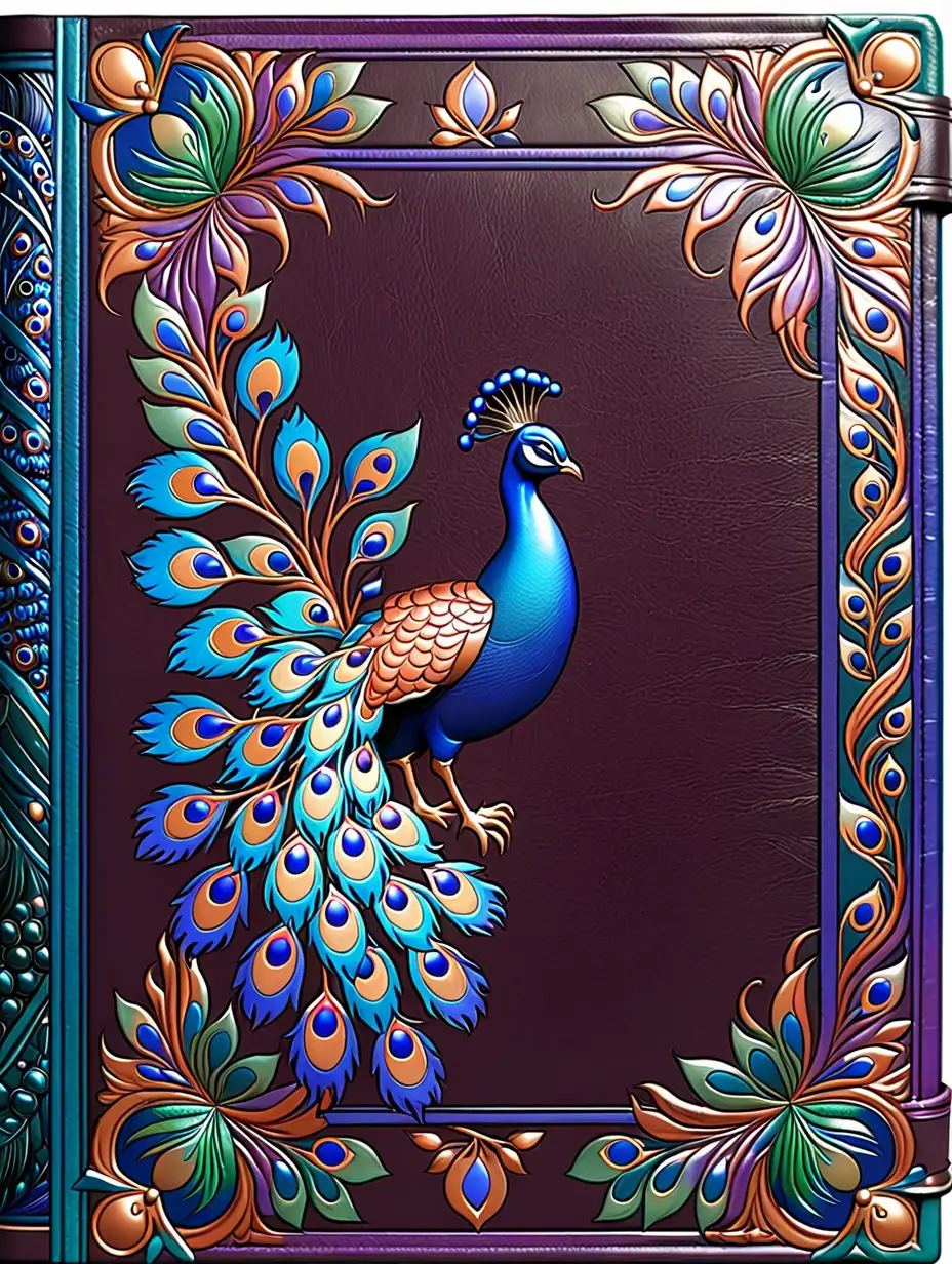 Customizable Leather Book Cover with Elegant PeacockInspired Border