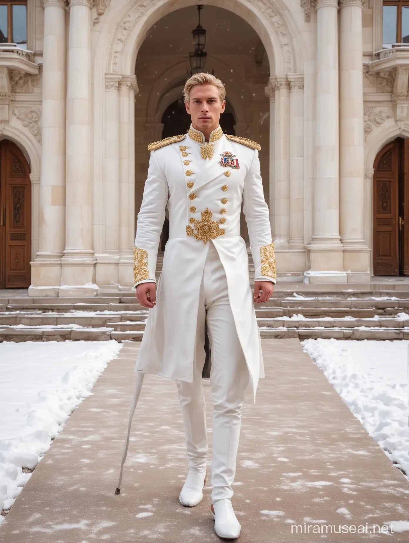 Tall and handsome muscular king with beautiful blonde hairstyle and with attractive eyes and Big wide shoulder in white cavalry suit with Coat walking out on carpet outside snowy palace