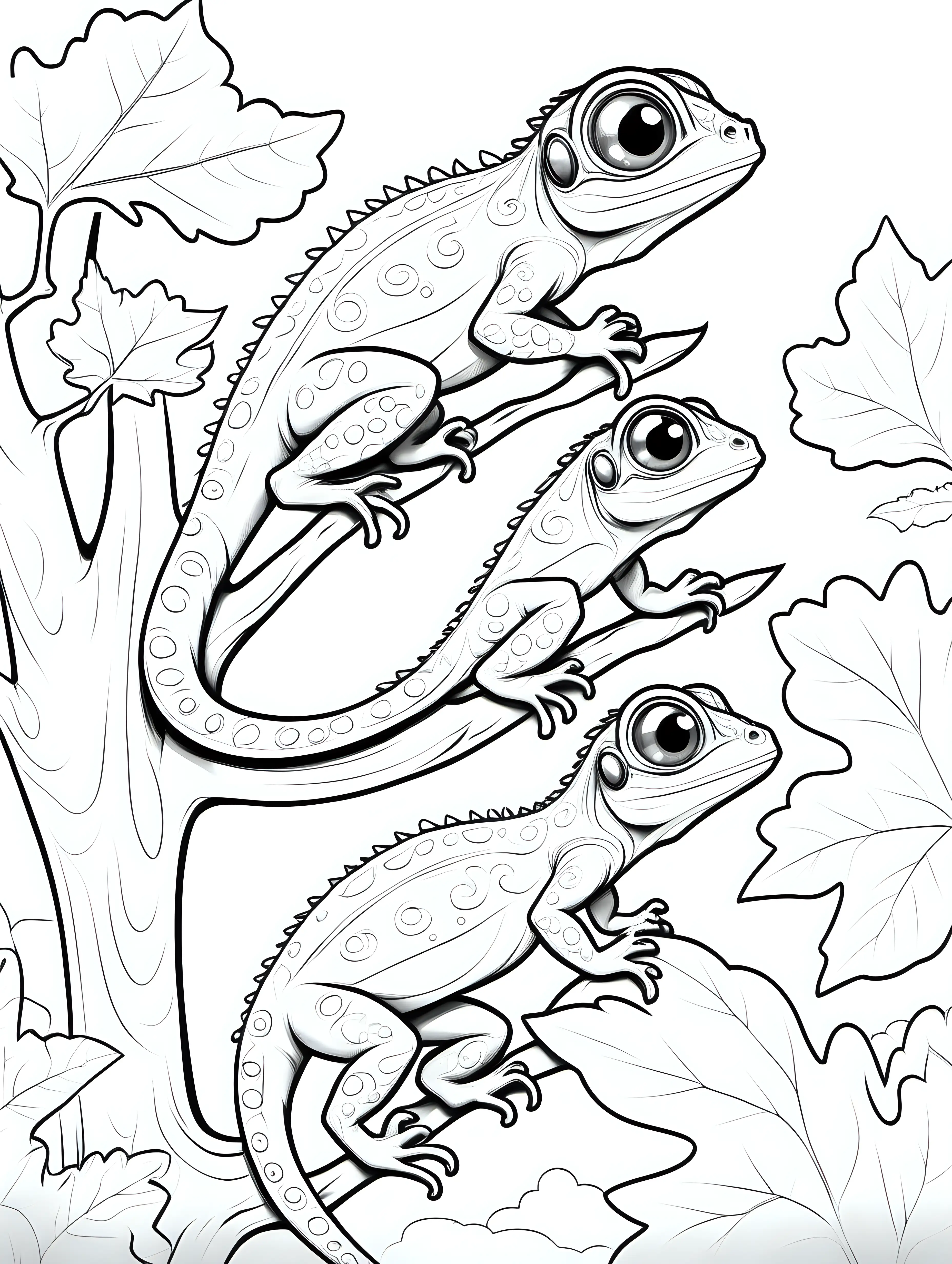 Adorable Lizards Dreaming in Oak Kids Coloring Book Illustration