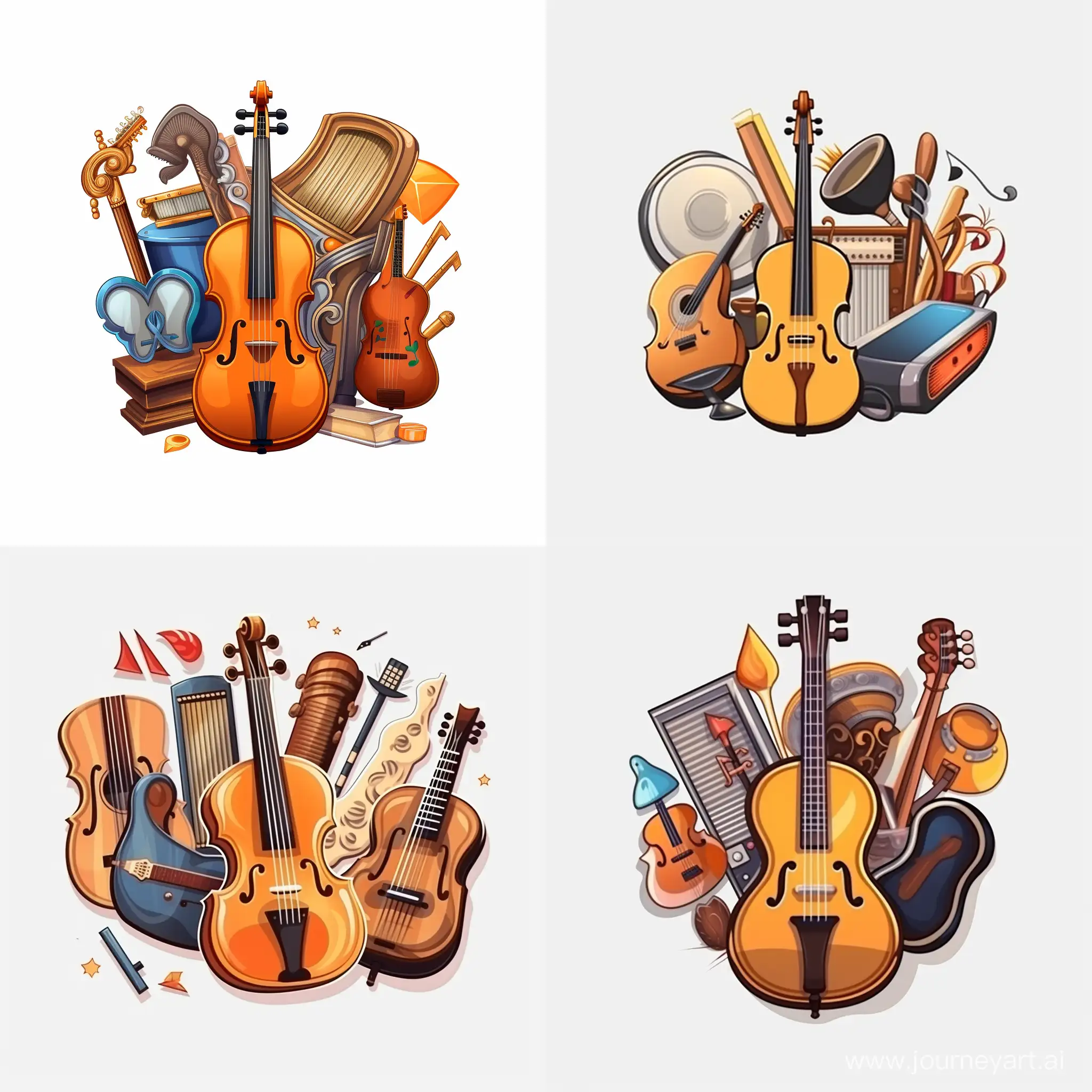 sticker, cartoon cute logo with different instruments, white background, Vermeer style, 12K, high quality, HD, octane render, cinematic lighting