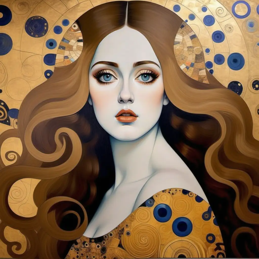 in the style of artist Gustav Klimt's Portrait of Adele Bloch Bauer I , create a painting on canvas that combines the Gemini astrological sign with feminine attributes, hang the canvas painting on a white wall  