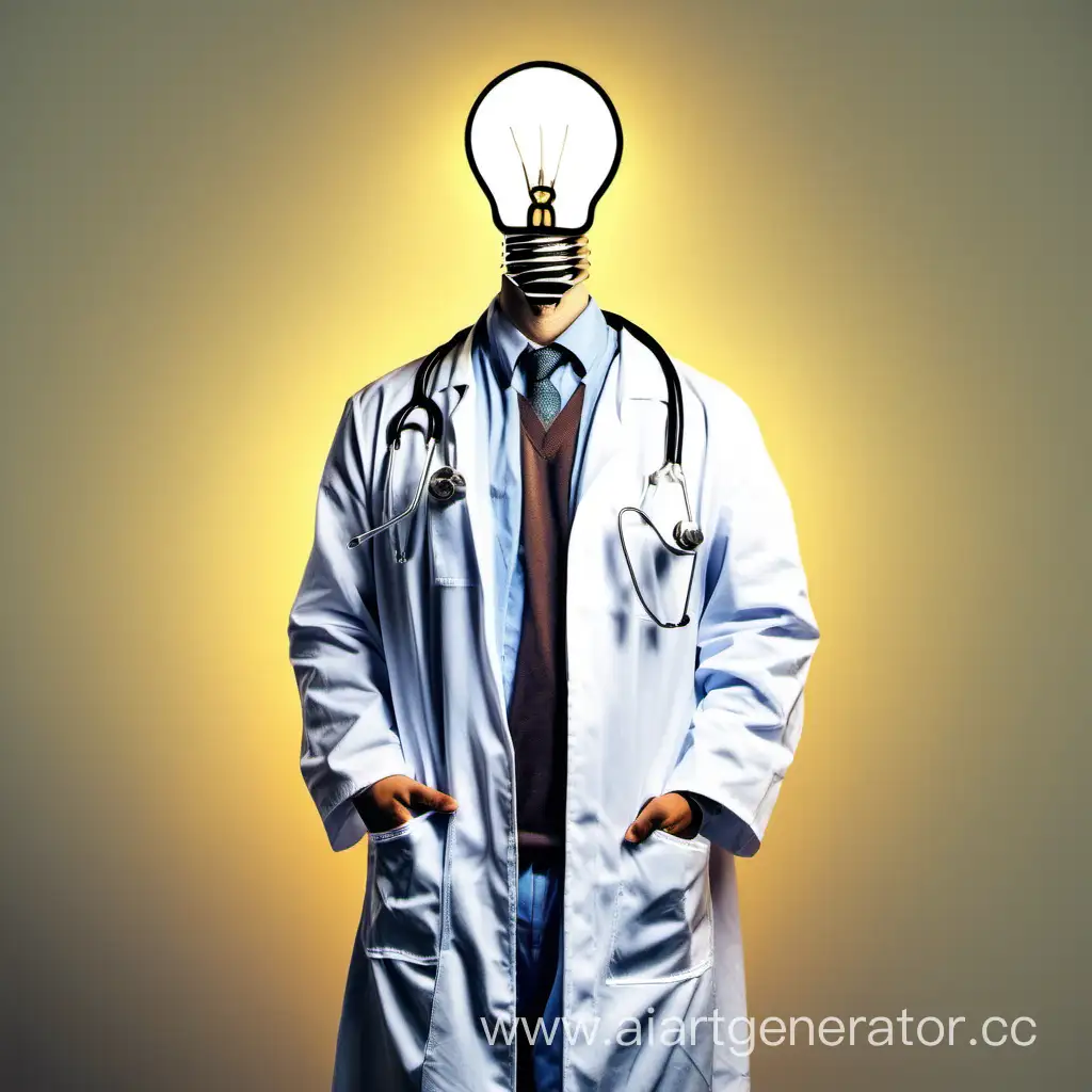Студент-медик в халате с лампочкой вместо головы
