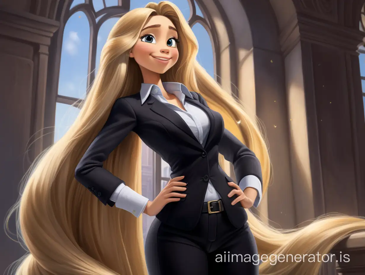 Rapunzel, swarthy face, she Savoring bright bliss,at the peak of tender bliss, insanely happy,  closed eyes, hearts fluttering over her headin a black business manager suit, wide hips, hourglass figure, three angles,