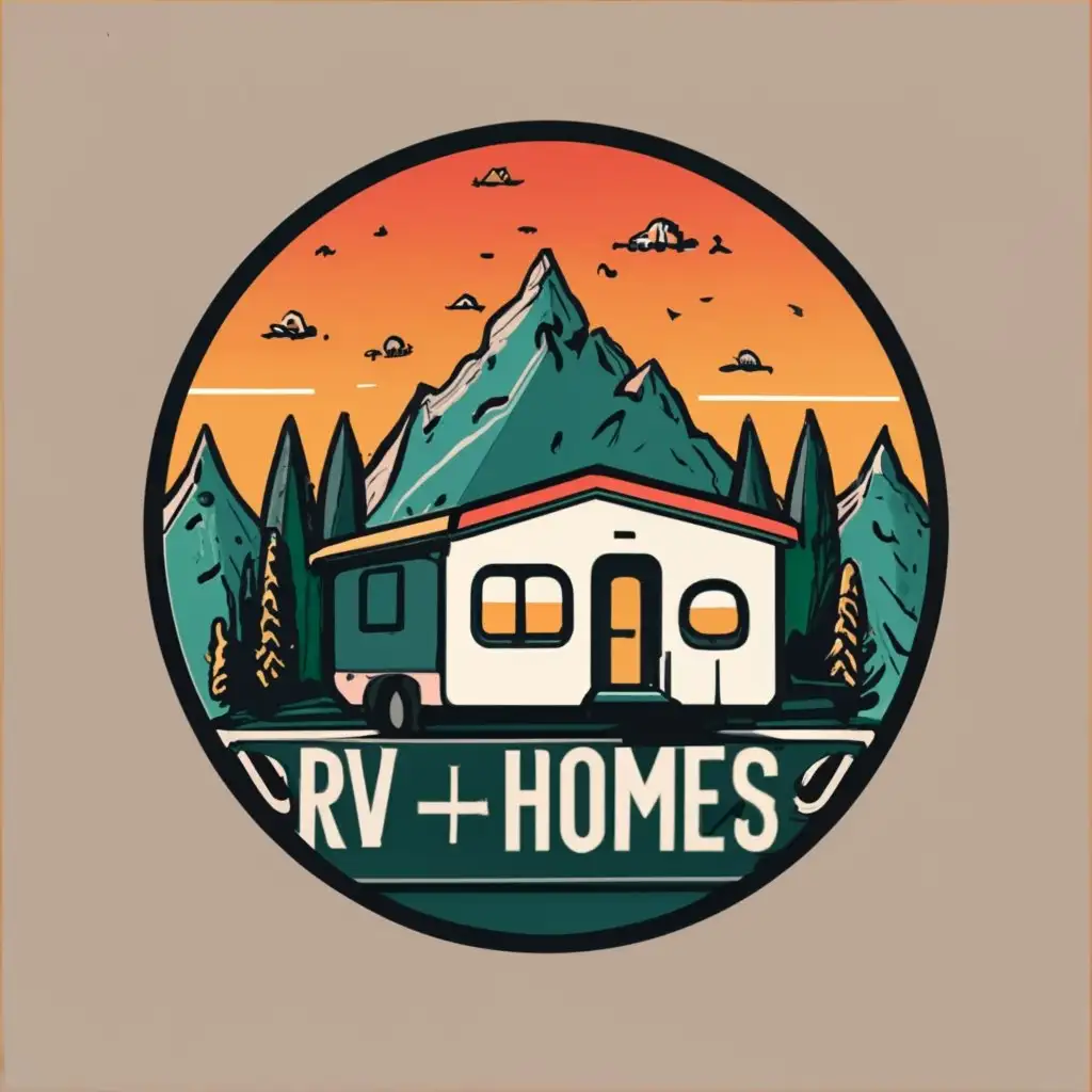 logo, tiny homes in forest with a sunset inside circle, with the text "rv homes", typography, be used in Travel industry