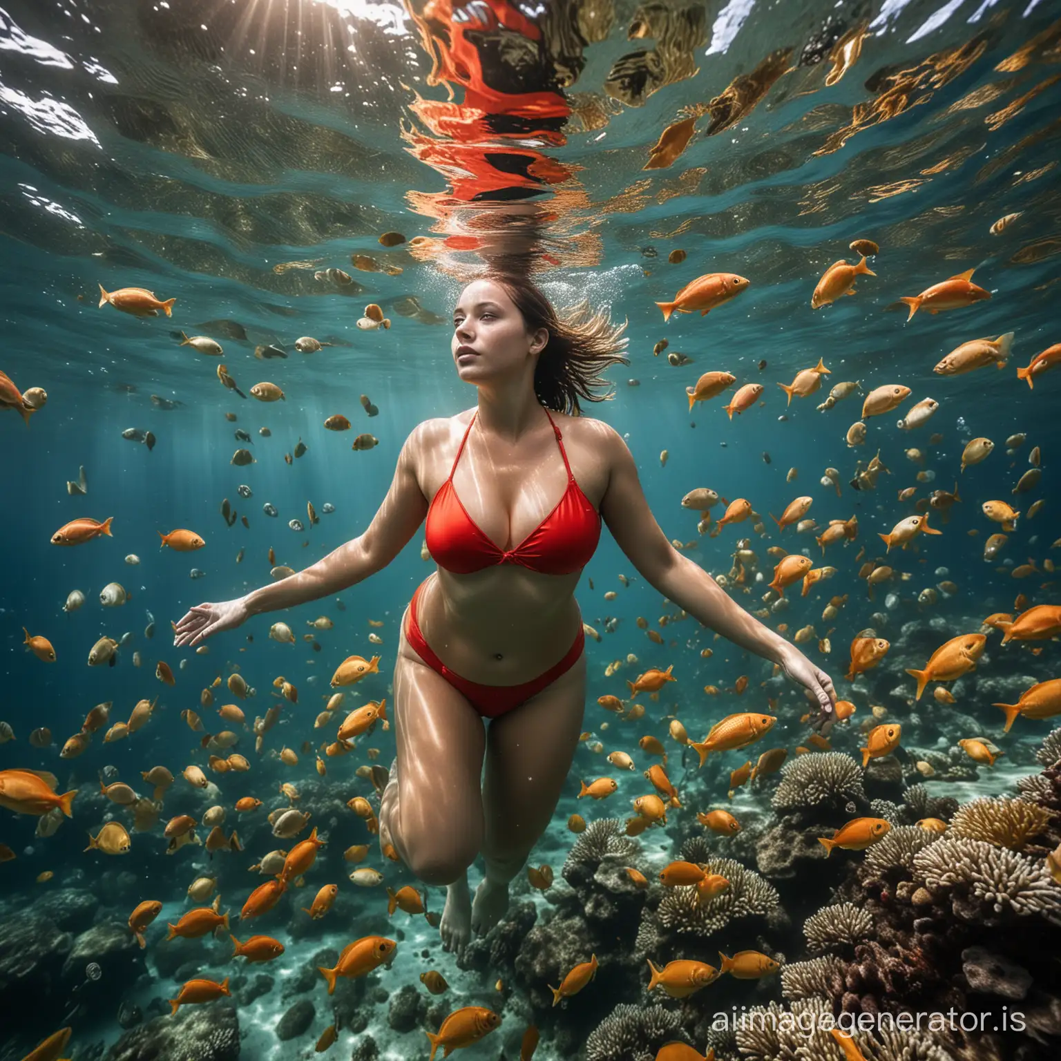 une photo d'une nageuse prise en dessous d'elle, elle porte un bikini rouge trop petit, elle est potelée avec des formes très généreuses, la photo est prise sous l'eau de l'océan indien avec de nombreux poissons de différentes couleurs:  jaunes, bleus, oranges, verts, rouges, présence de corail et d'algues