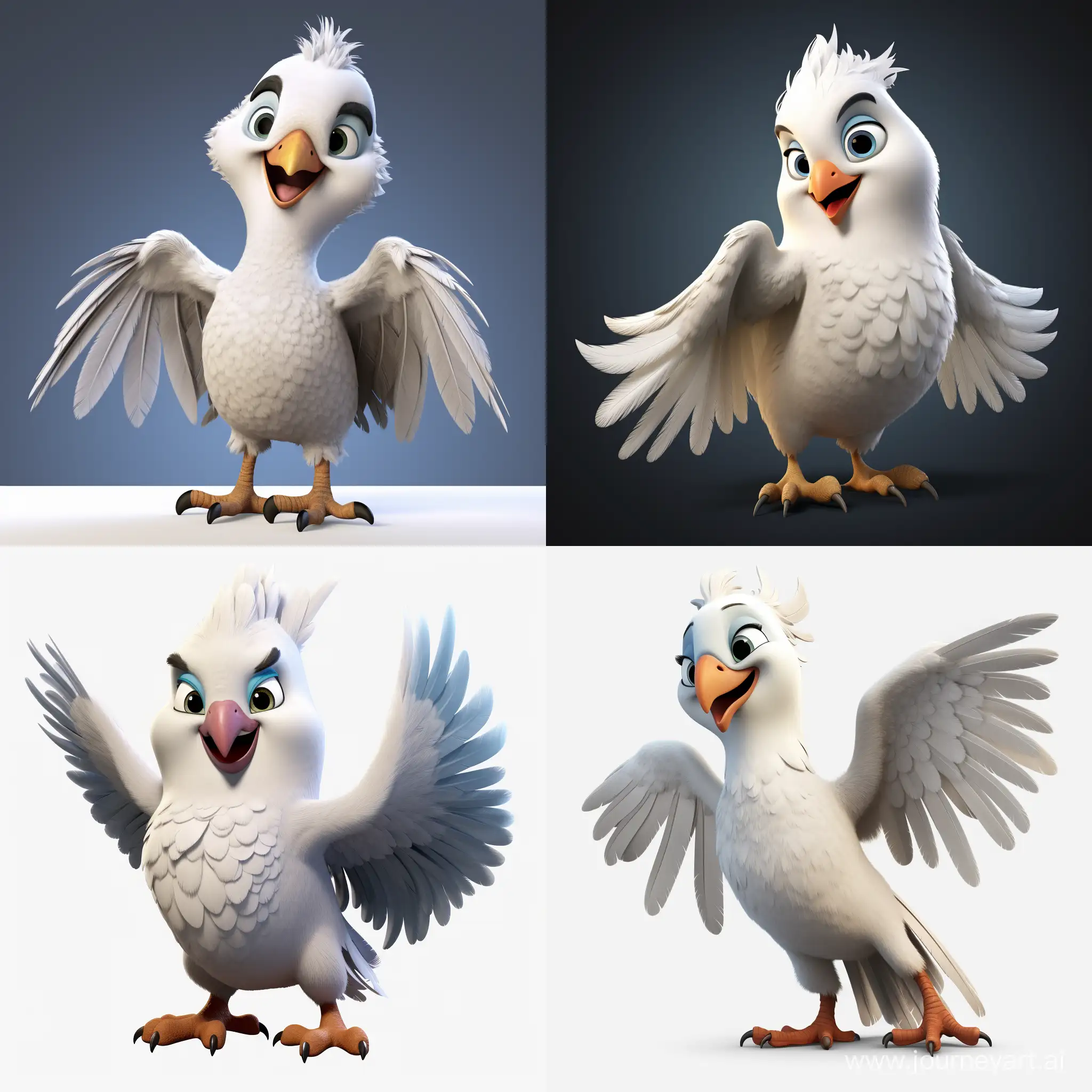 A white cockatoo parrot in Pixar style, He threatens with a wing like a fist, tousled feathers, stained with mud, burnt after a fire, looks suspiciously at the viewer, dynamic pose, whole body, 3d modern cartoon style, Maximum detail, disney style character, 3d rendered, blender render, detailed, ultra high definition
