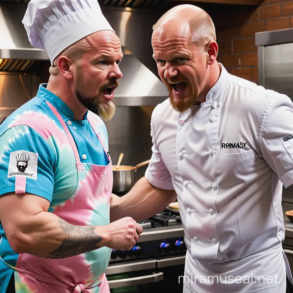 A bald, bearded, tie dye chef getting yelled at by Gordon Ramsay on Kitchen Nightmares