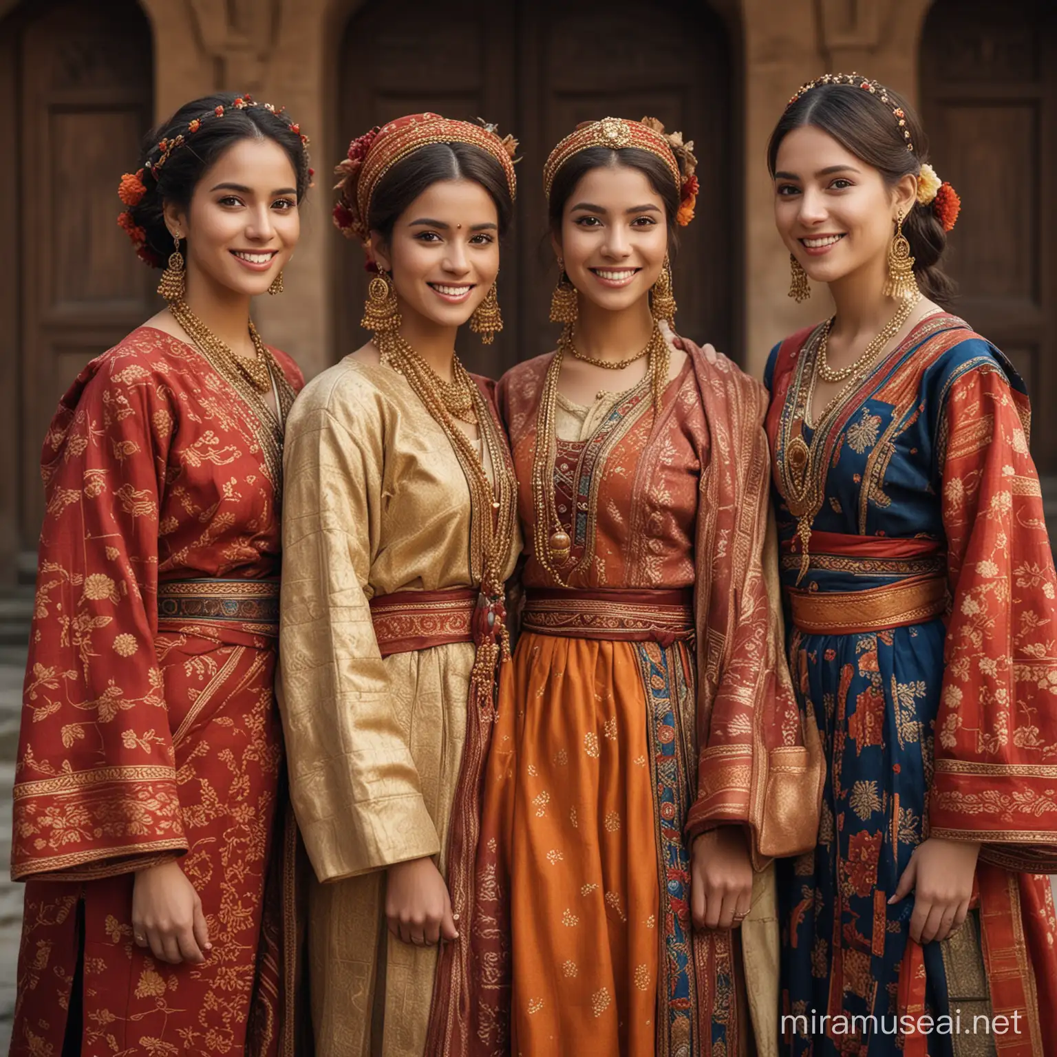 "Celebrate the beauty of diversity as Sarah and her friends pose in traditional attire from different cultures, the HD clarity highlighting the richness of heritage."
