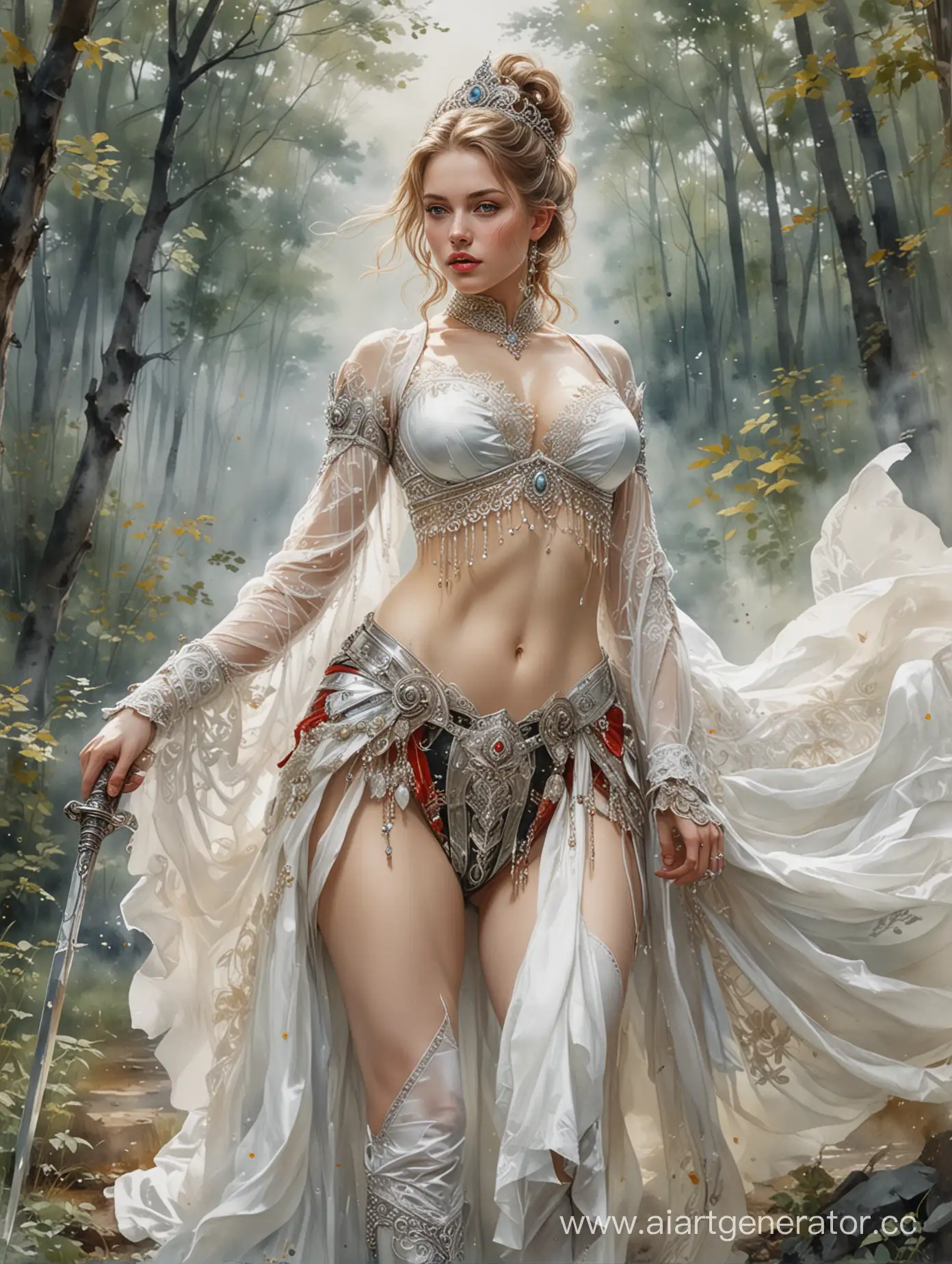 Sensual-Watercolor-Painting-Lush-Hussar-Beauty-Dancing-with-Saber-in-Forest-Clearing