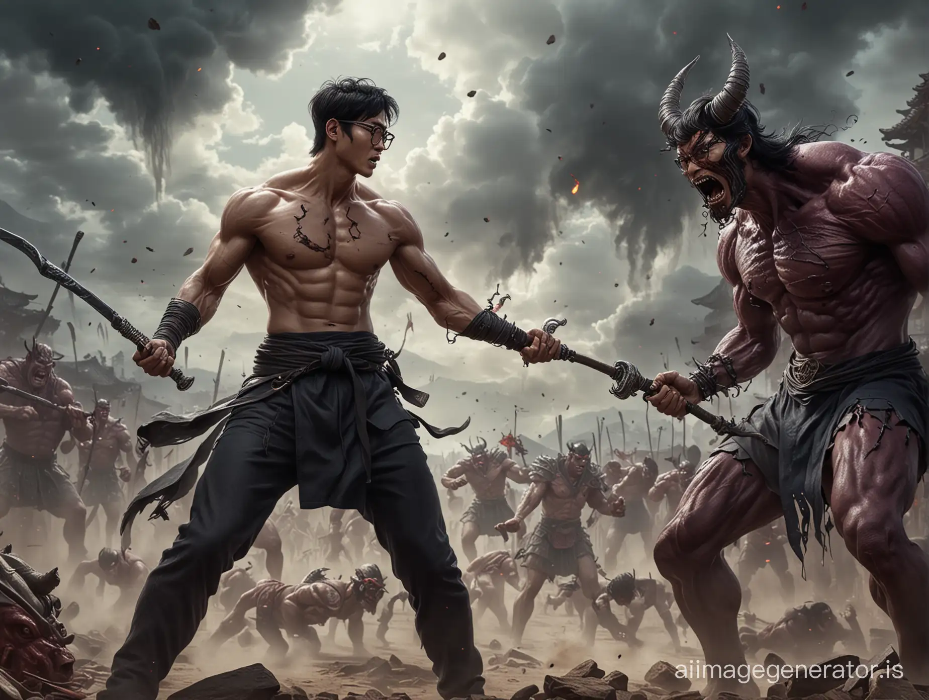 A skinny Korean with black hair and glasses battles a demon. The demon is the master of vape, sweet smoke, and hookahs. An epic battle between them. The Korean is good. The demon is evil. This is the most epic battle in the entire galaxy. The fate of the world depends on it. There is a lot of grape juice around. The Korean opposes evil and fights for a healthy lifestyle and self-improvement. From afar, a large battlefield is visible. And on two sides stand the Korean and the demon, who are fighting.