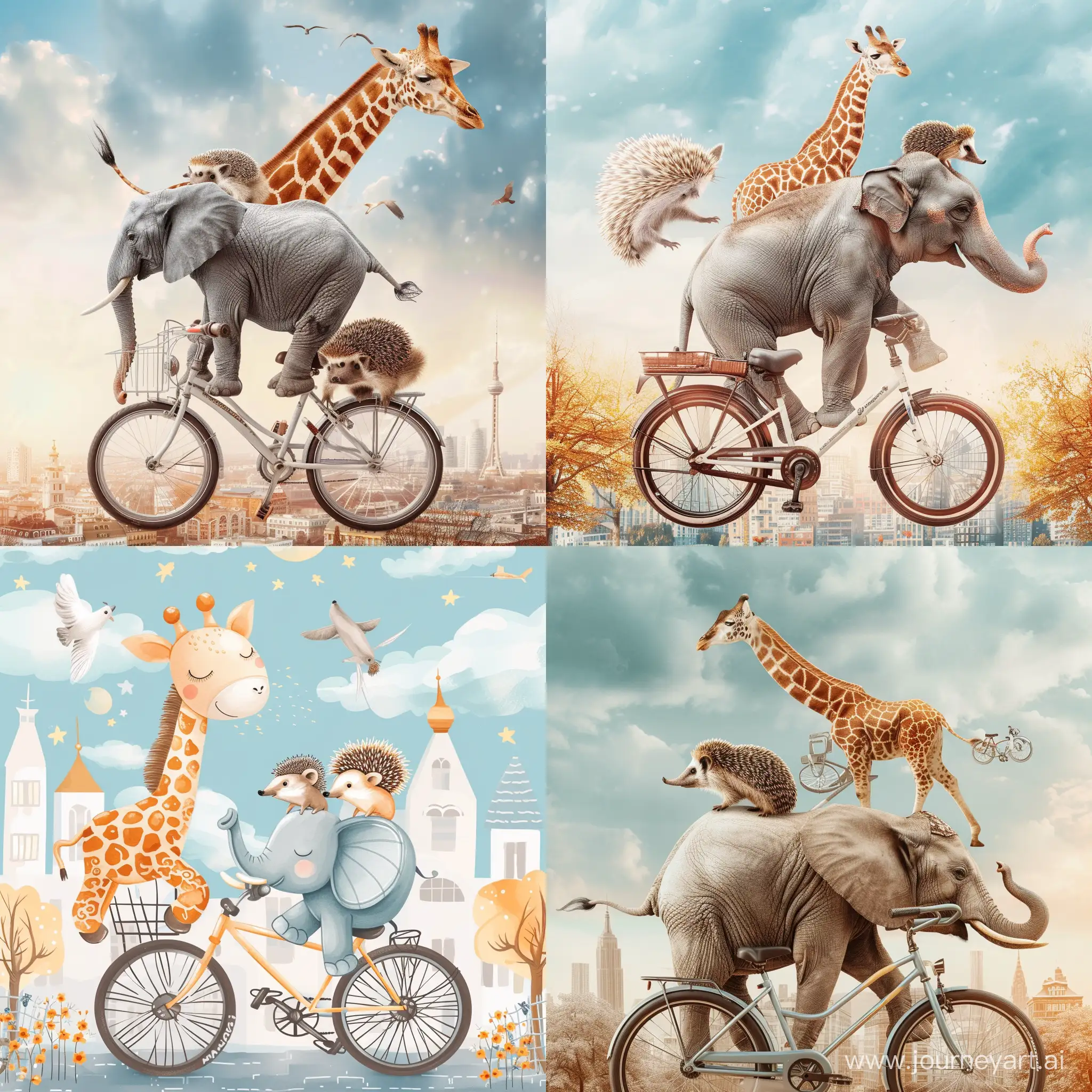 children's illustrations on one photo animals, elephant, giraffe, hedgehog on a bicycle on the background of the city and the sky for, wallpapers for children with individual design